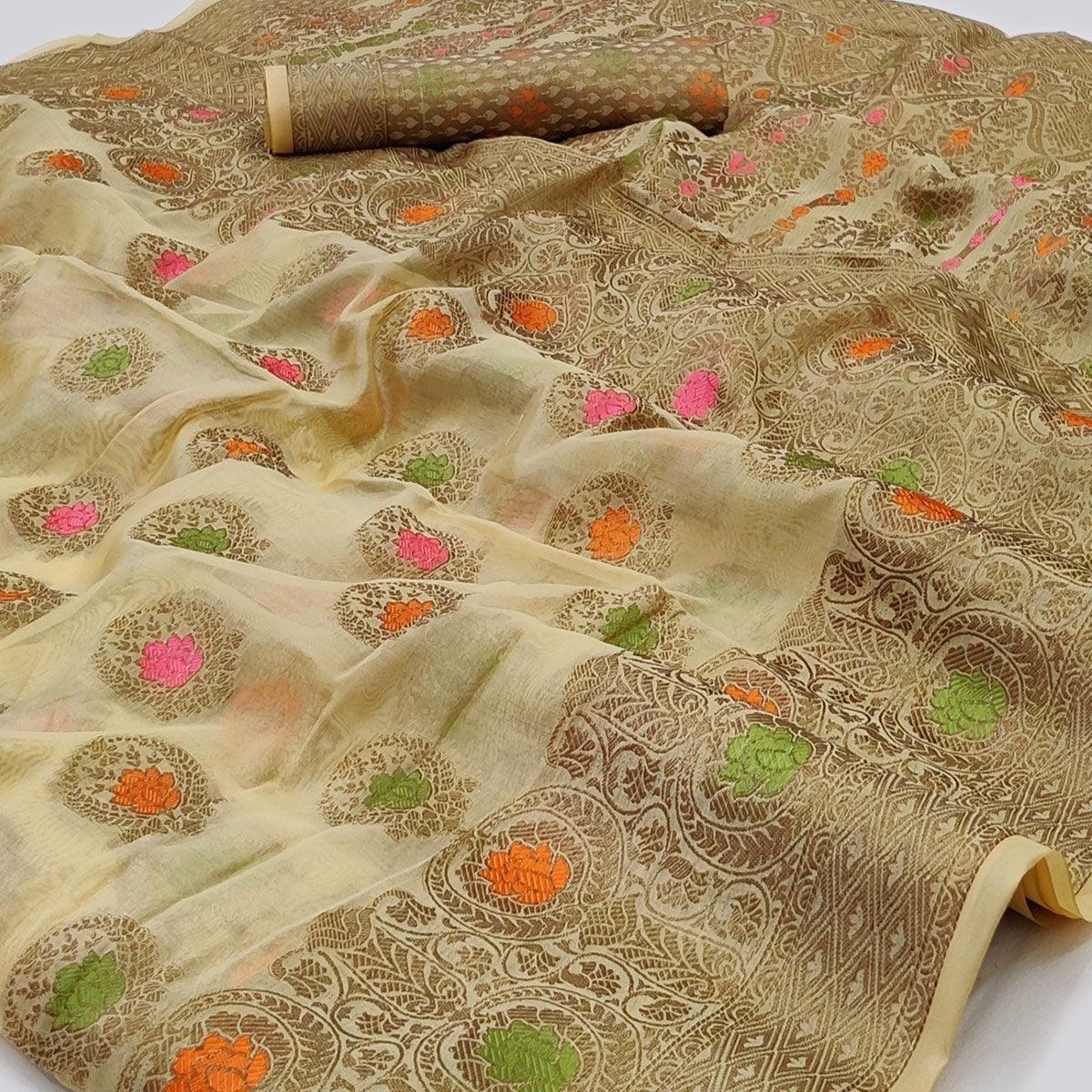 Peachmode Cream Woven Organza Saree – Women's - view 2