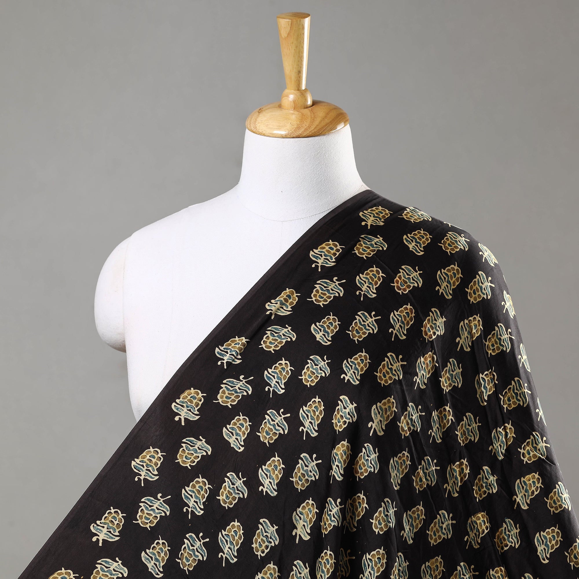 RIYAZ ABDULMAJID KHATRI - AJRAKH Black - Larch Butta Ajrakh Hand Block Printed Modal Silk Fabric