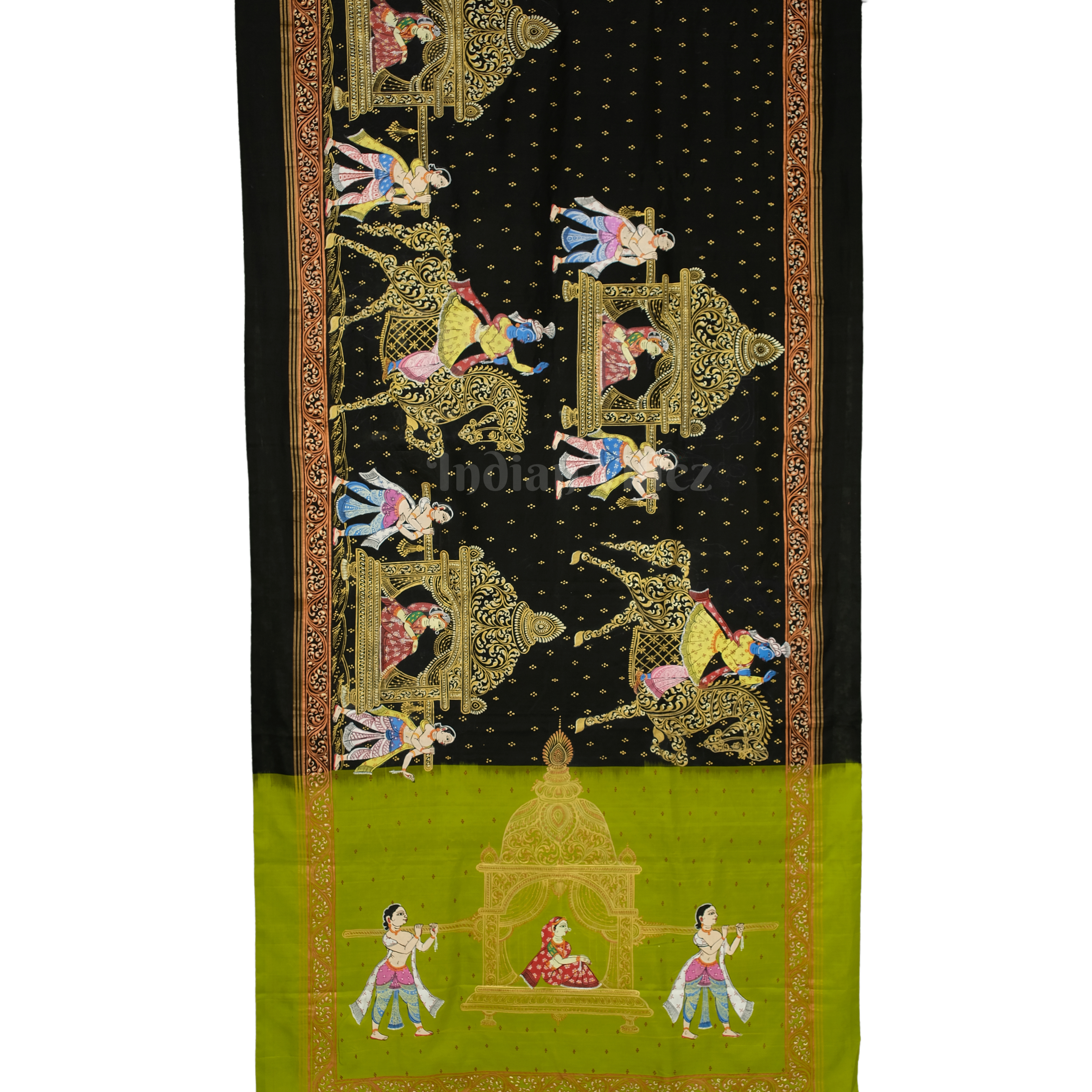 IndianVillèz Black with Parrot Green Doli Barat/Palki Theme Hand-Painted Pattachitra Saree