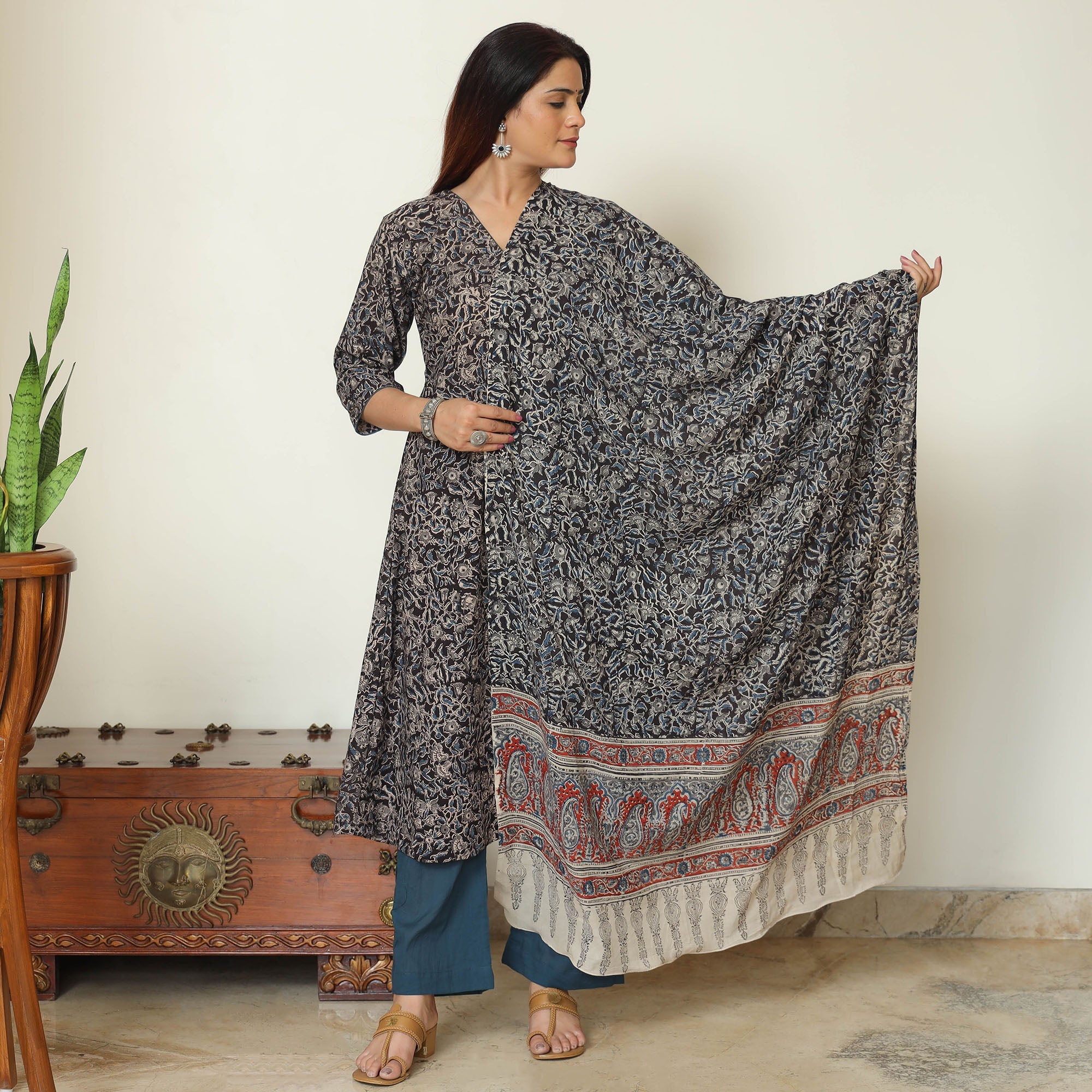 ITOKRI CASUALS Black - Pedana Kalamkari Block Printed Cotton Kurta with Palazzo & Dupatta Set 11