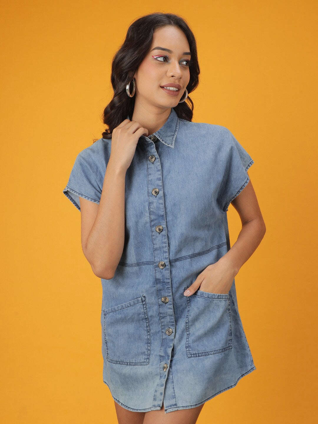 Freehand By The Indian Garage Co Women Tiered Denim Flare Dress