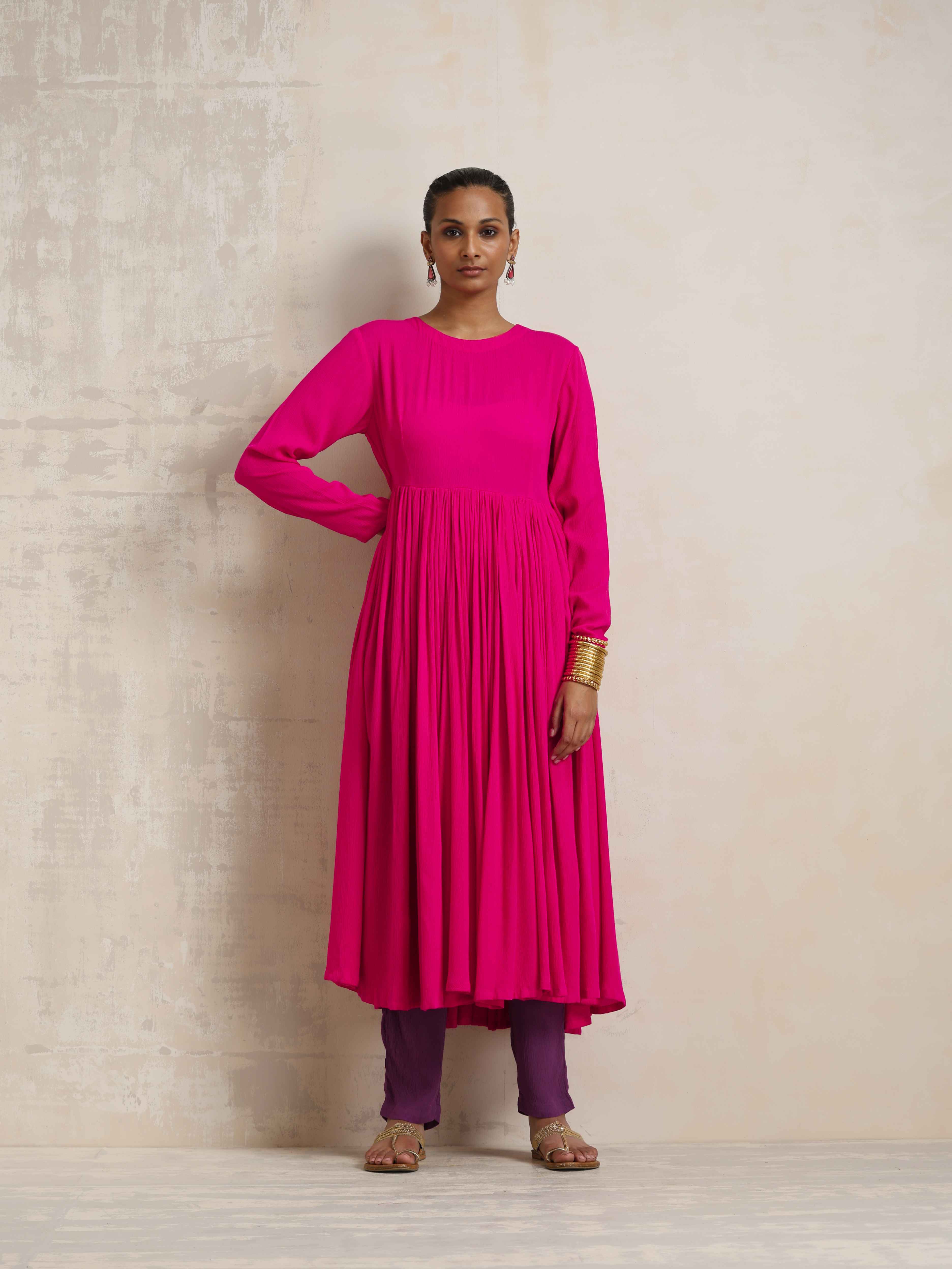trueBrowns Pink Crinkle Anarkali Kurta Pant Dupatta Set - view 2