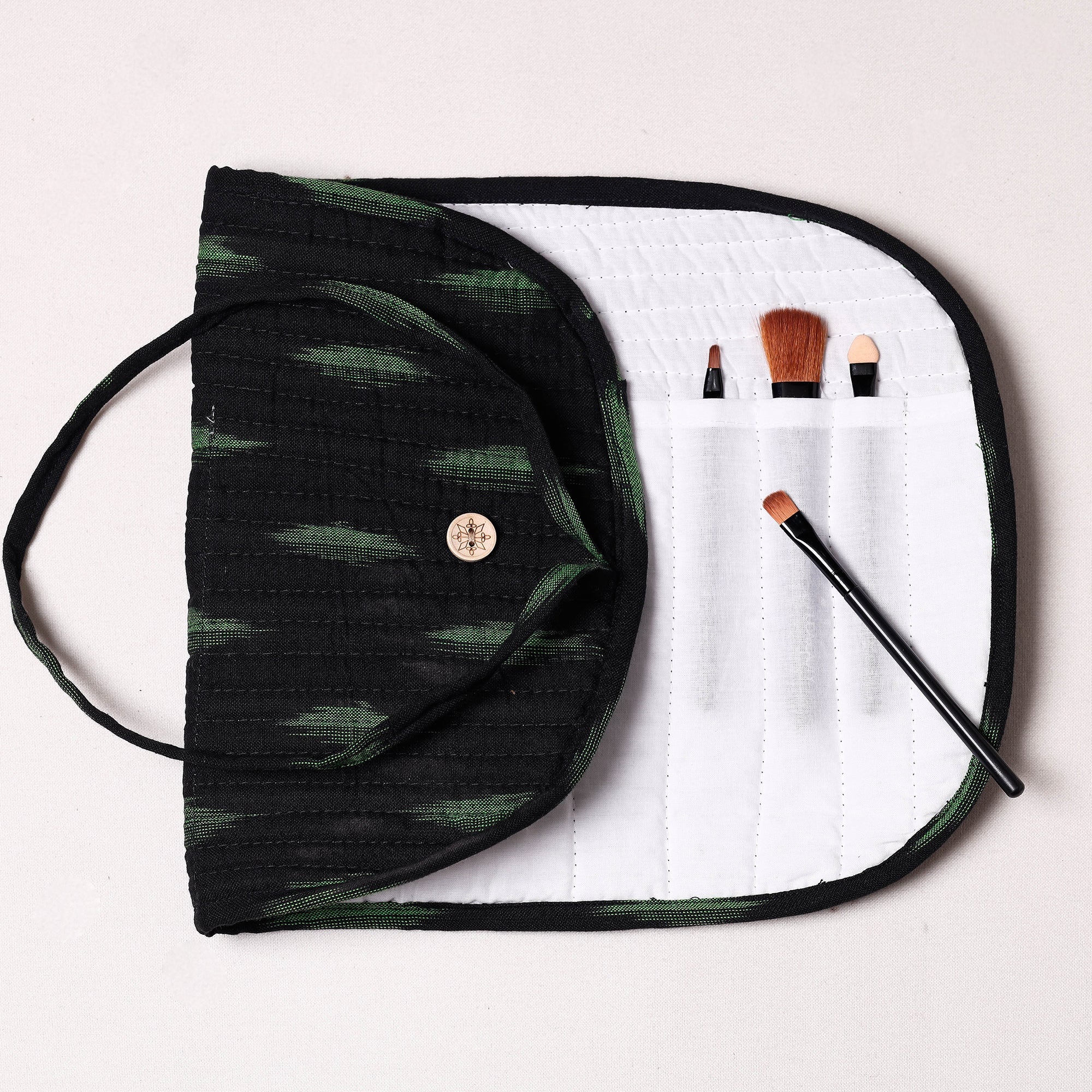 NOORI BAZAR Black - Ikat Fabric Multipurpose Segmented Make-up Brush Wrap Pouch/Case