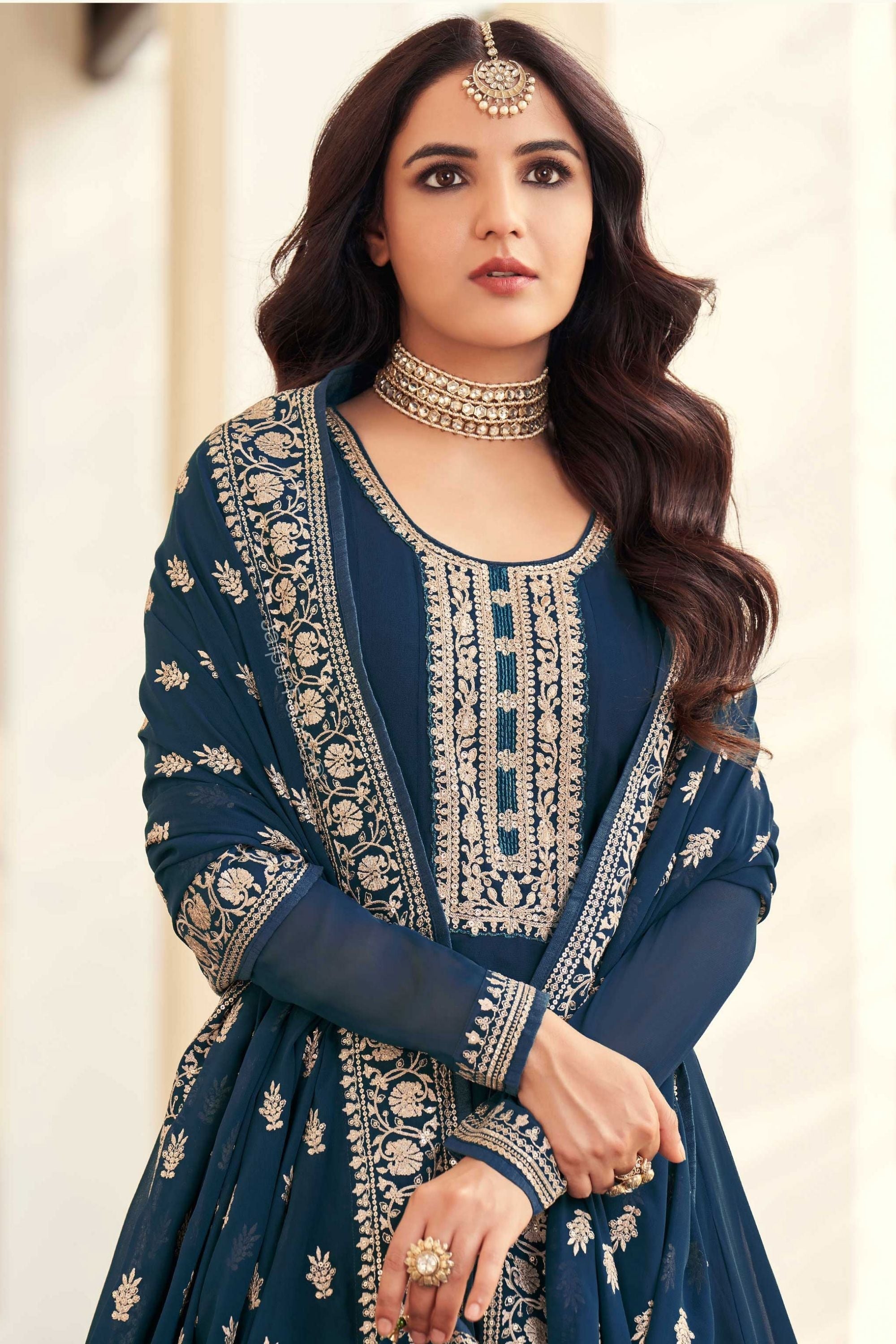 JaipurFabric® Floor Touch Anarkali Embroidered Georgette Teal Embroidered Semi Stitched Suit Set