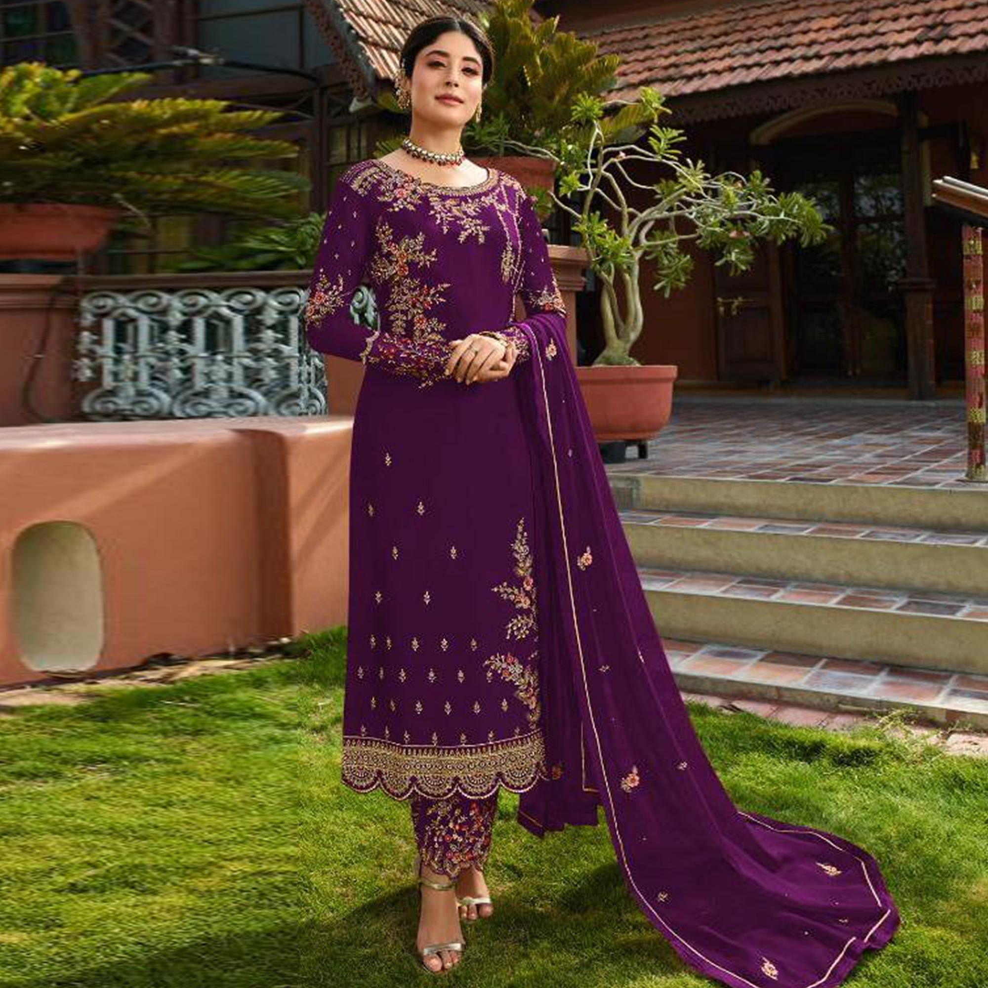Peachmode Hypnotic Purple Colored Partywear Embroidered Gerorgette Straight Suit