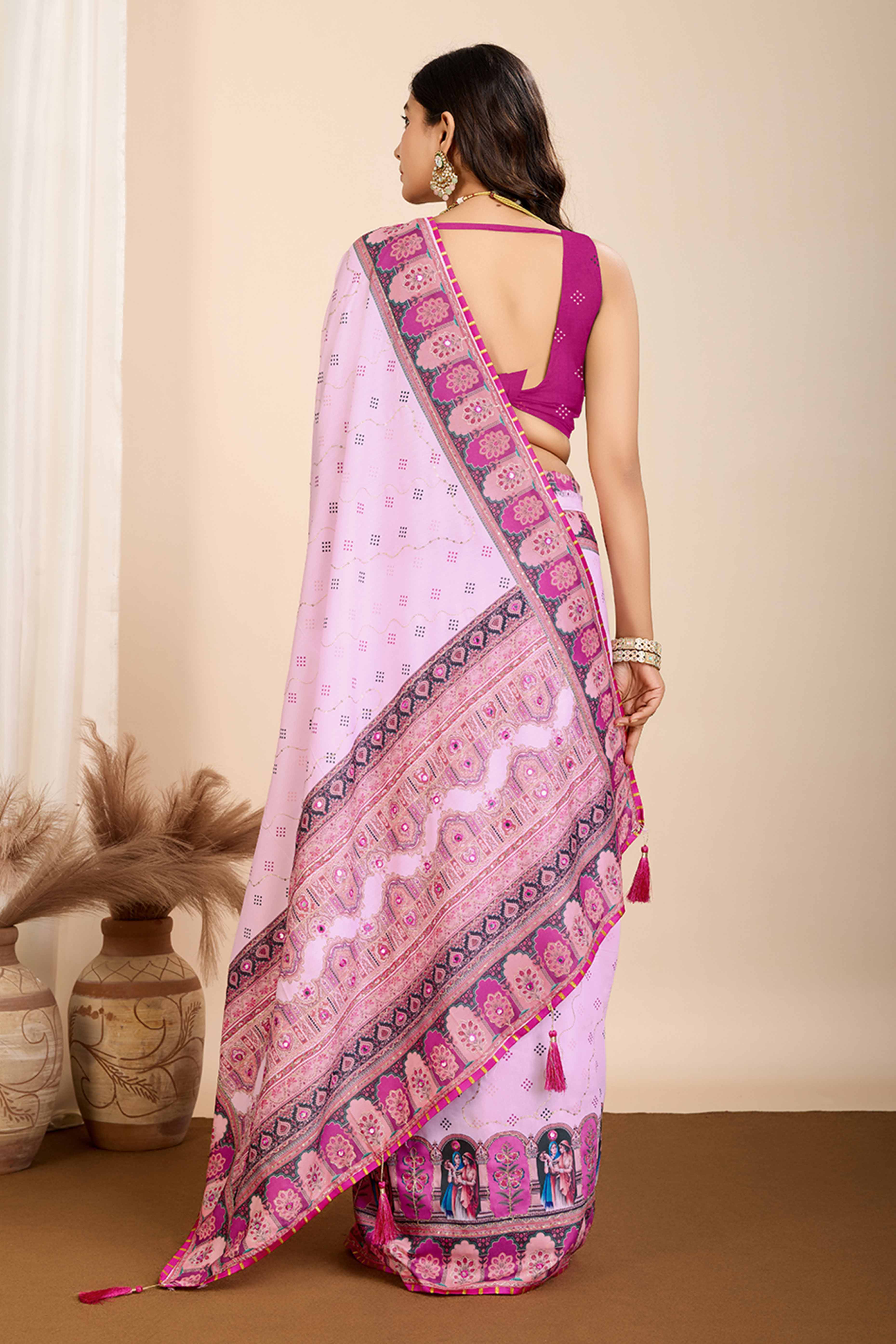 Peachmode Light Purple Digital Print with Embroidery Work Muslin Saree - view 5