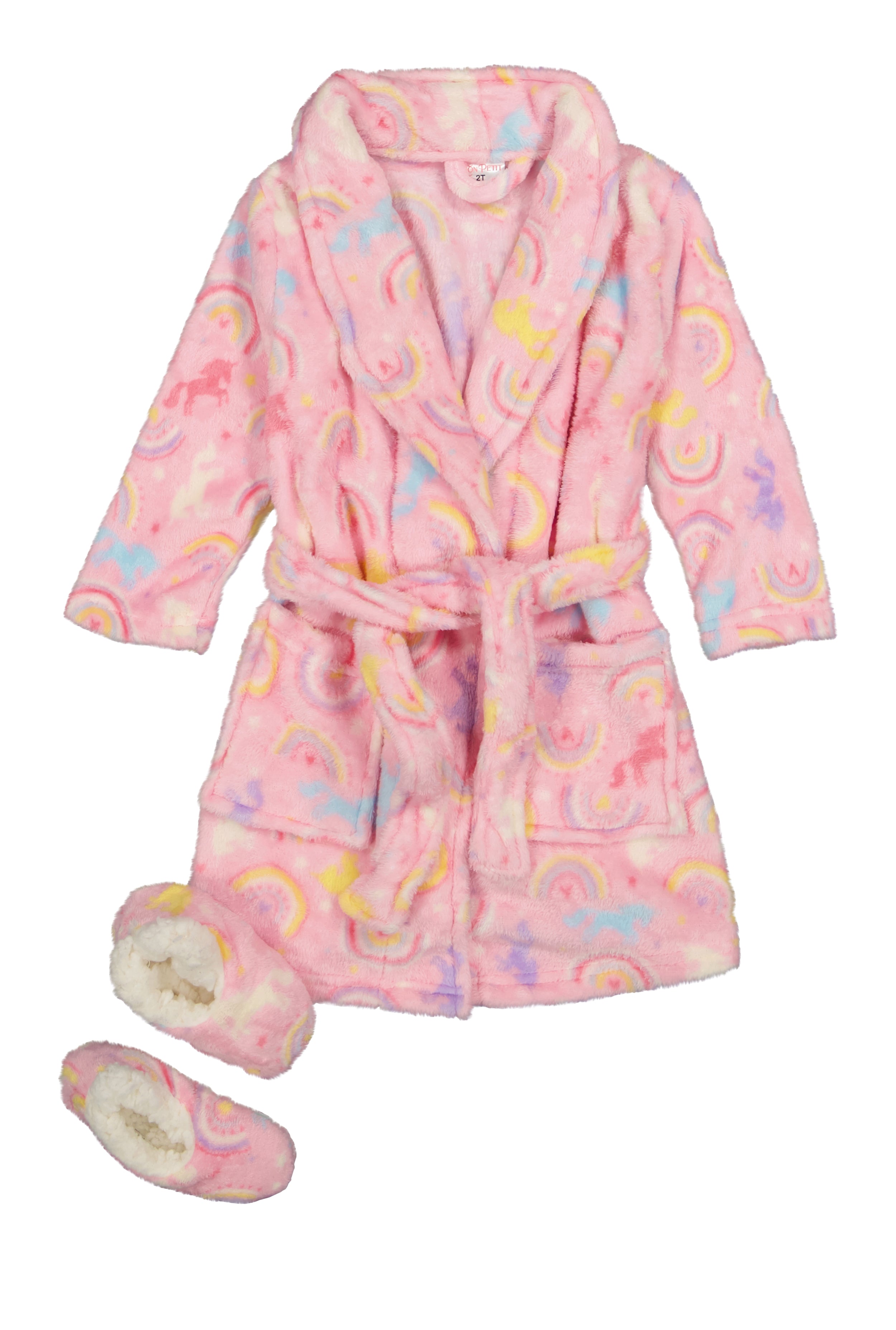 Rainbow Shops Toddler Girls Rainbow Print Bath Robe with Sherpa Slippers