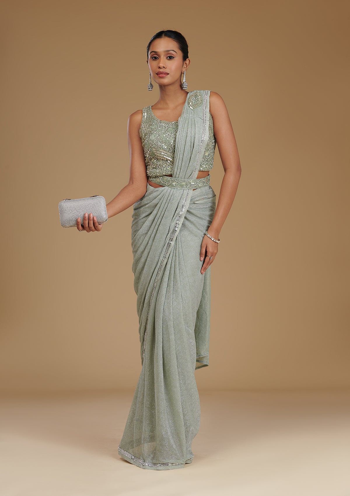Koskii Pista Green Stonework Chiffon Readymade Saree