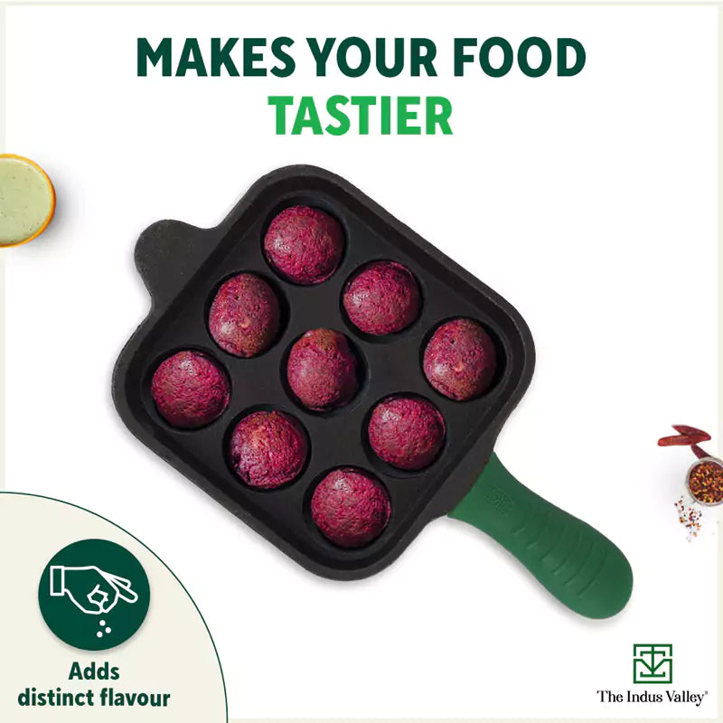 The Indus Valley 9 Pit/Cup CASTrong Cast Iron Paniyaram/Appe Pan+ Cool Silicone Grip, Pre-seasoned, Nonstick, 100% Pure, Toxin-free, 18cm, 2.4 kg - view 9