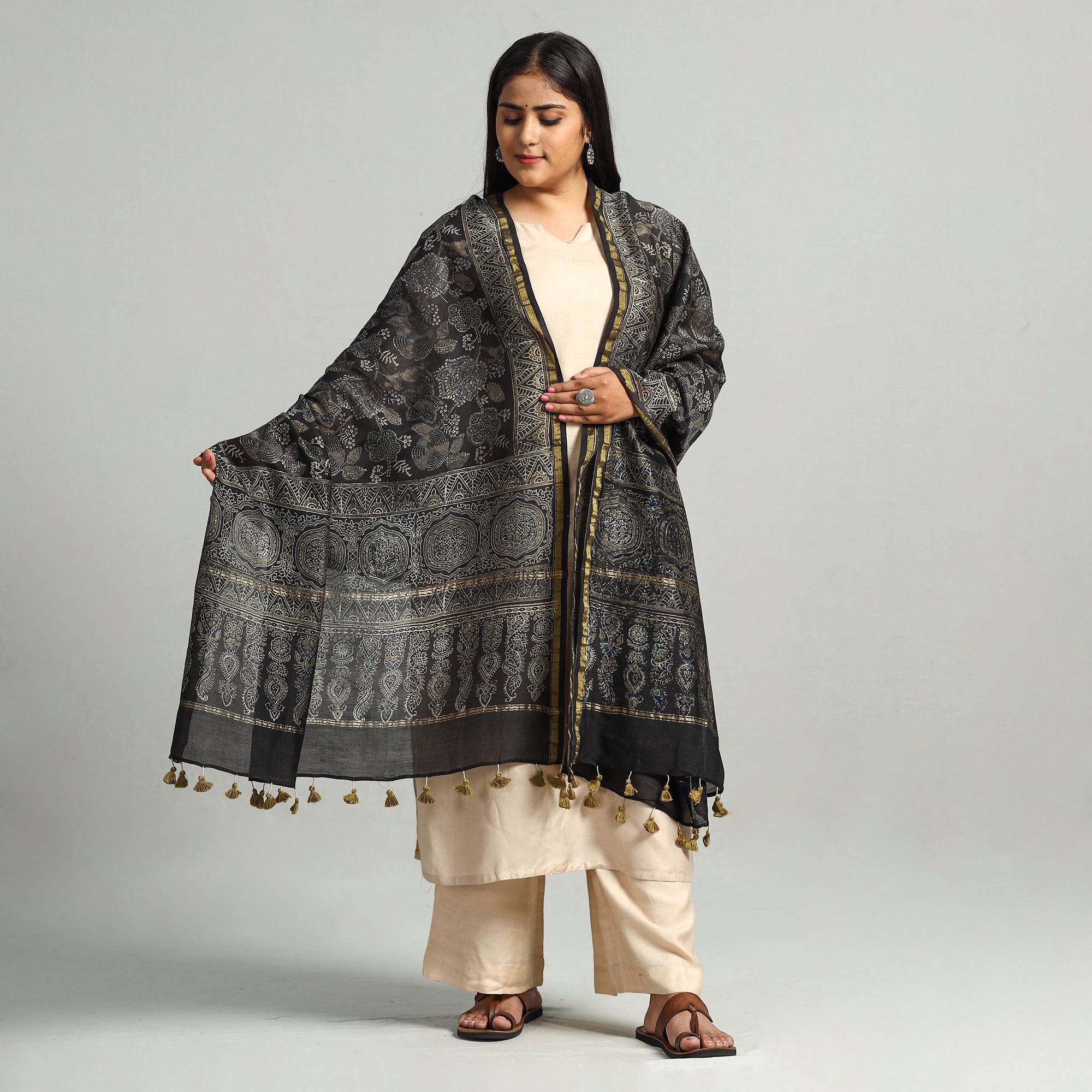 AJRAKH BY SUFIYAN ISMAIL KHATRI Black - Block Print Chanderi Silk Handloom Ajrakh Dupatta 20 - view 2