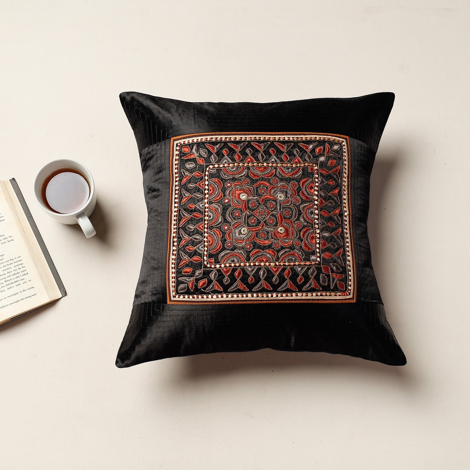 QASAB Black - Kutch Pakko Bherni Hand Embroidery Mashru Silk Cushion Cover (15.5 x 15.5 in)