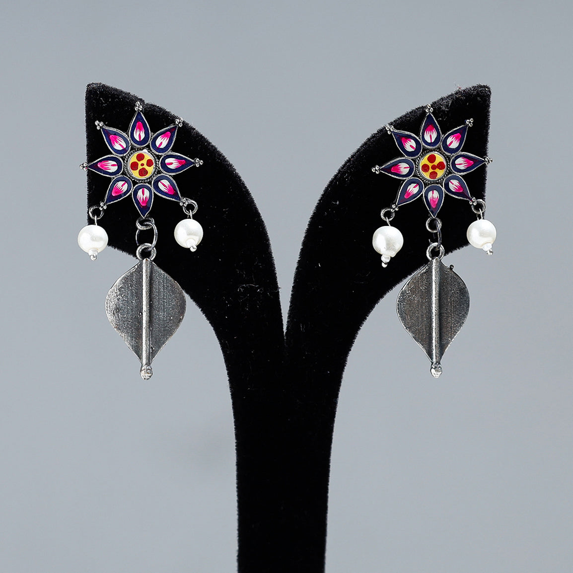 WHITE RIVER STORIES Antique Silver Finish Oxidised Brass Base Enamel Work Earrings - view 2