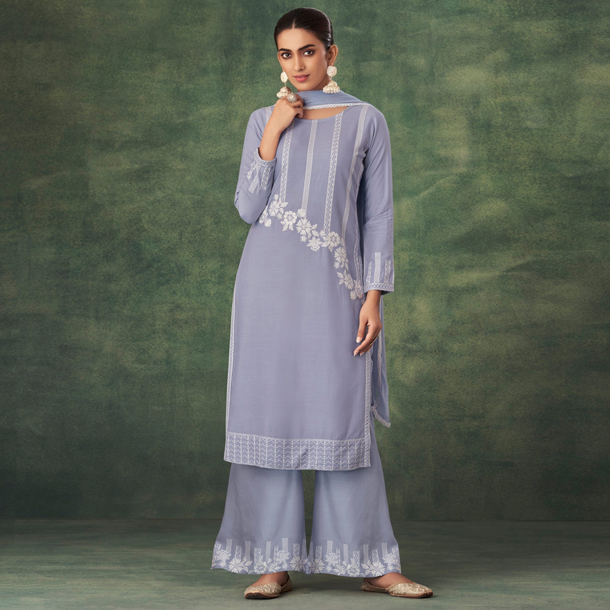 Peachmode Light Purple Floral Lucknowi Rayon Palazzo Suit - view 2