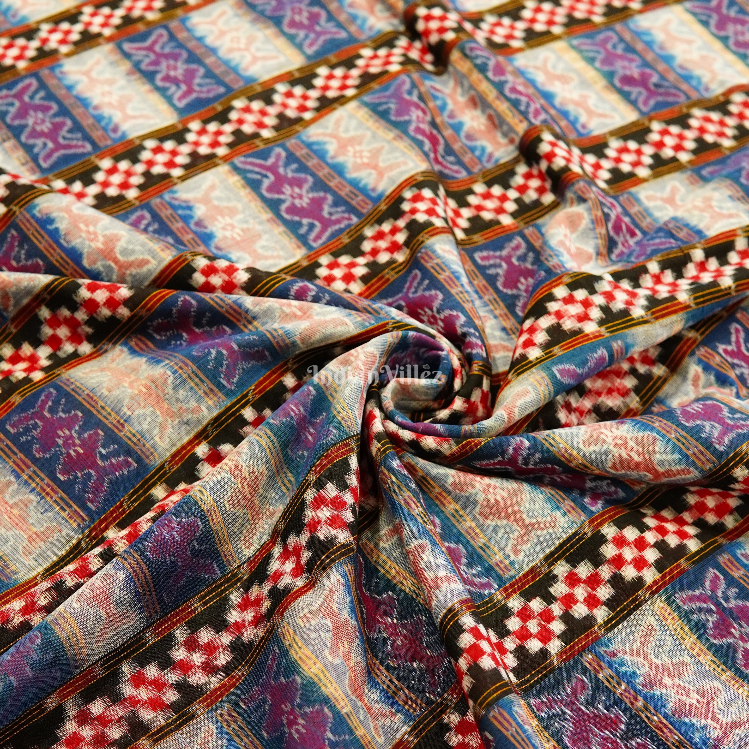 IndianVillèz Black Red Pasapali Theme Sambalpuri Ikat Cotton Fabric