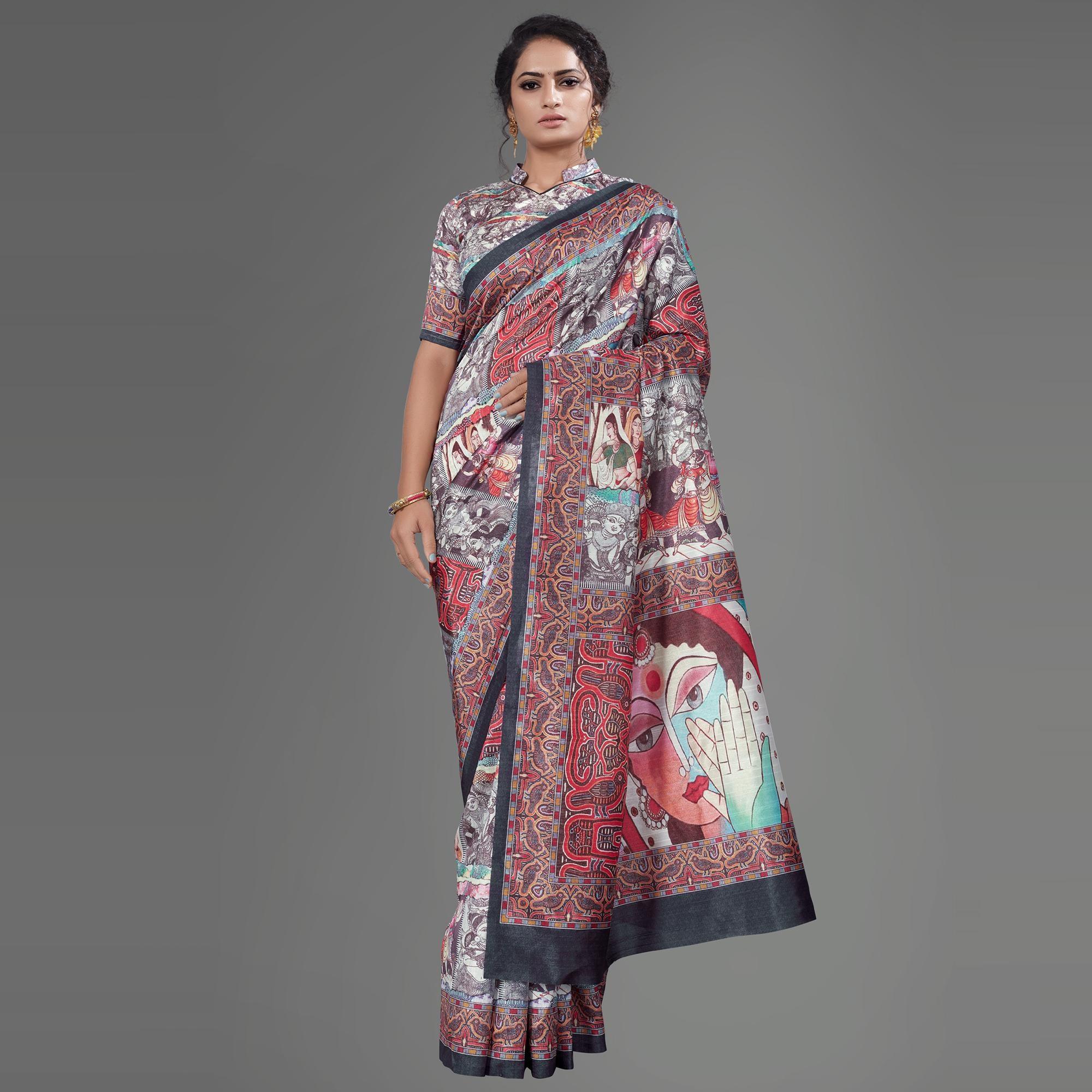 Peachmode Multi Casual Art Silk Printed Saree With Unstitched Blouse
