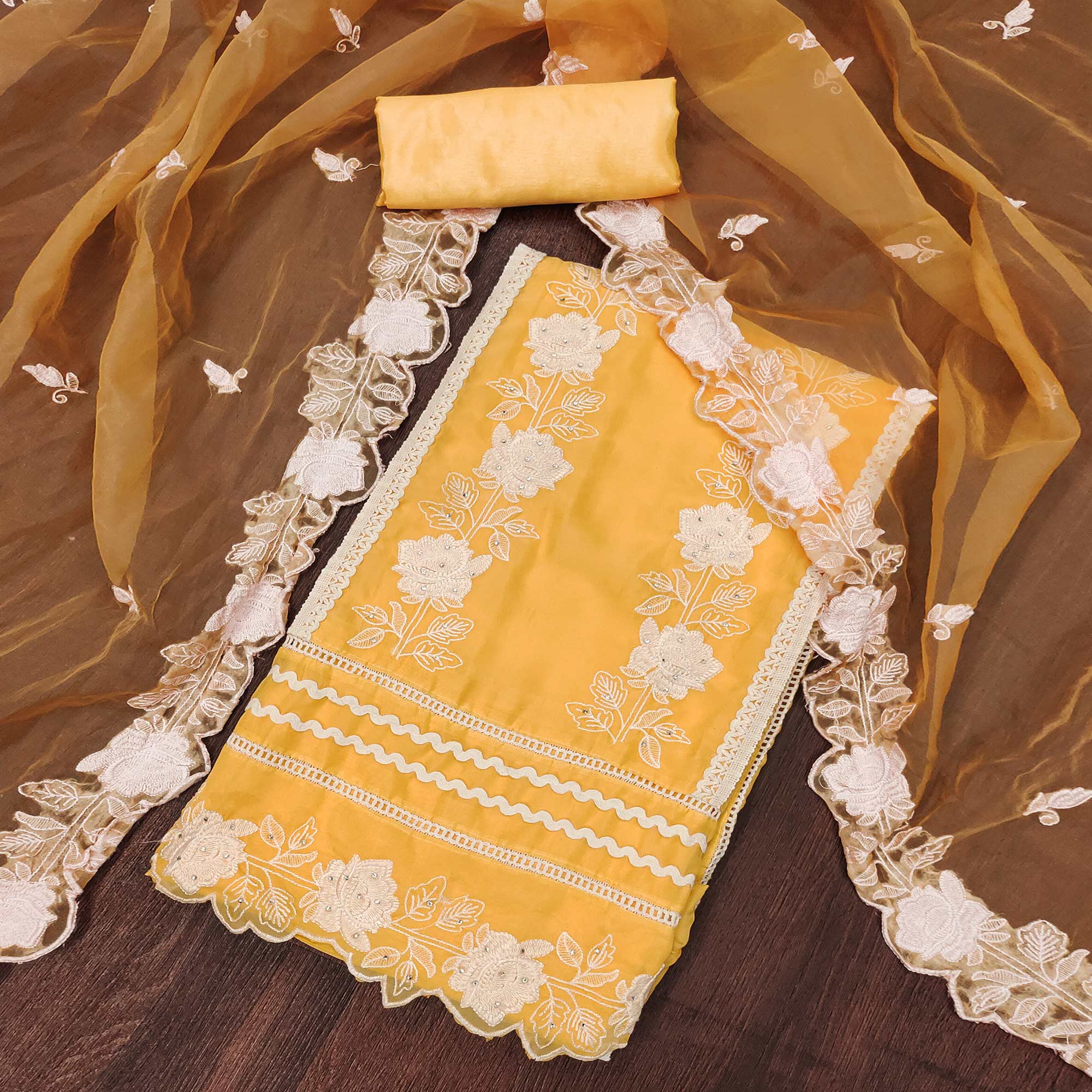 Peachmode Yellow Floral Embroidery With Stonework Organza Dress Material