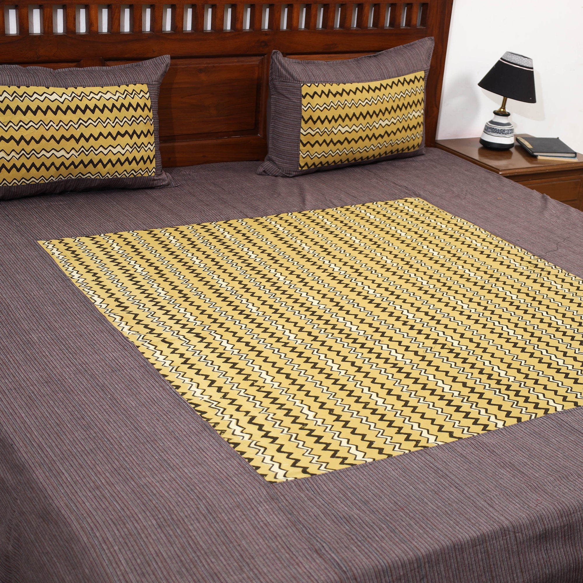 NOORI BAZAR Brown - Plain Cotton Double Bed Cover with Block Print Patchwork (94 x 89 In) - view 3