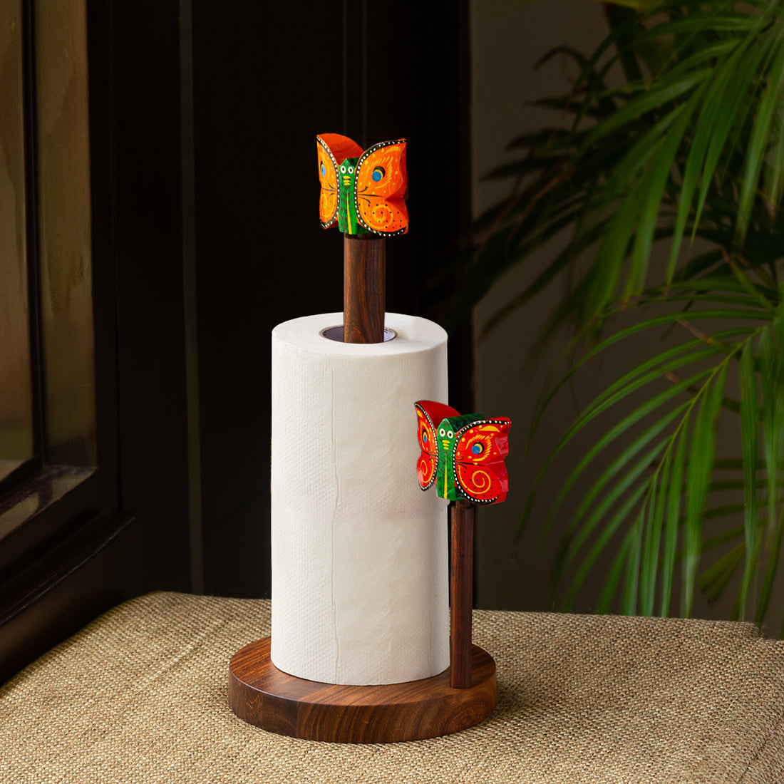 EXCLUSIVELANE Brown - 'Vibrant Flutter' Handcrafted Kitchen Tissue Roll Holder In Sheesham Wood
