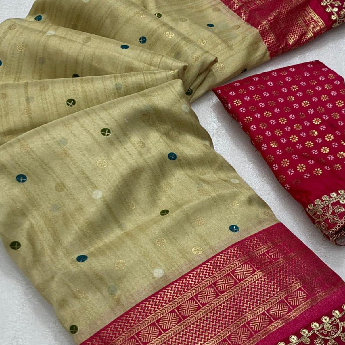 Peachmode Chikoo & Pink Foil Printed Dola Silk Saree With Sequins Embroidered Border - view 2
