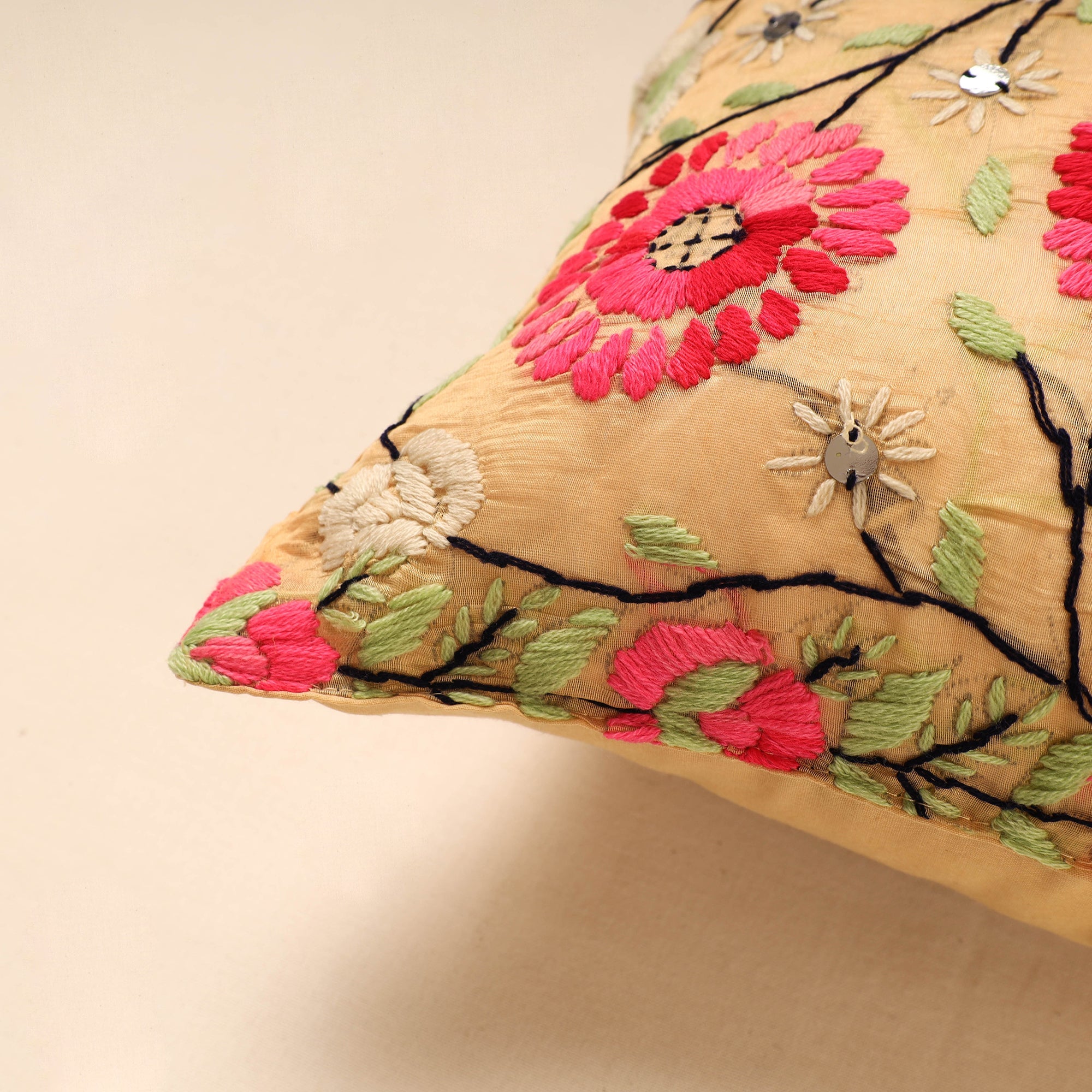ITOKRI CRAFTS INITIATIVE Brown - Chanderi Silk Phulkari Hand Embroidered Cushion Cover - view 2