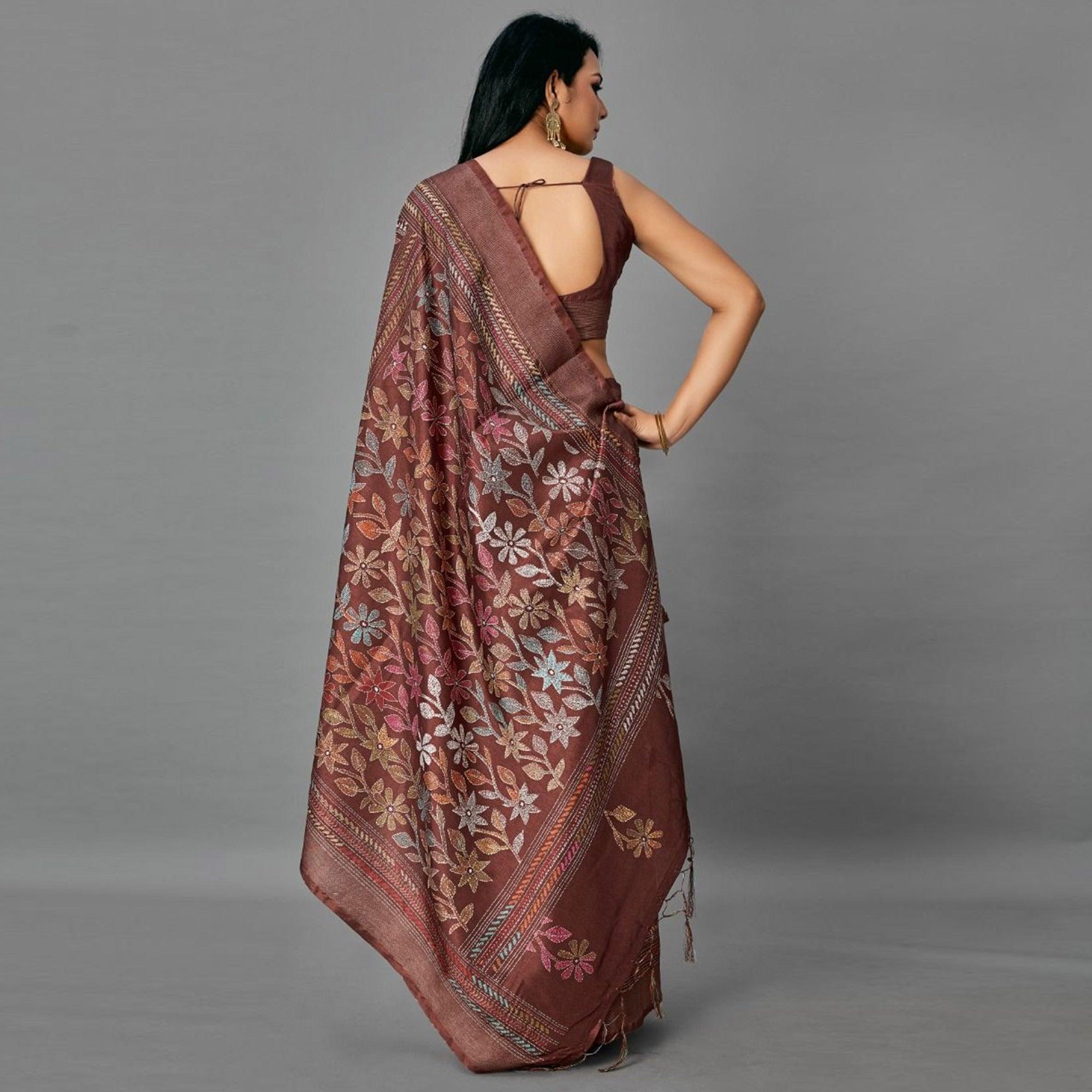 Peachmode Brown Casual Art Silk Printed Saree With Unstitched Blouse - view 3