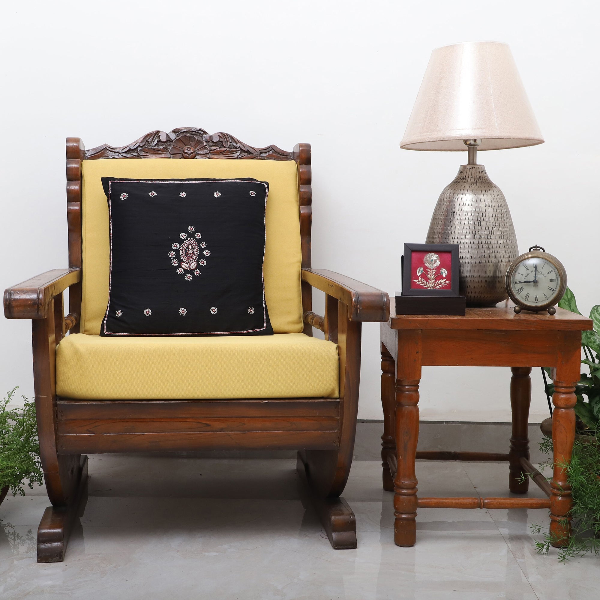 TICS Black - Leaf Butas - Zardozi Hand Embroidered Raw Silk Cushion Cover