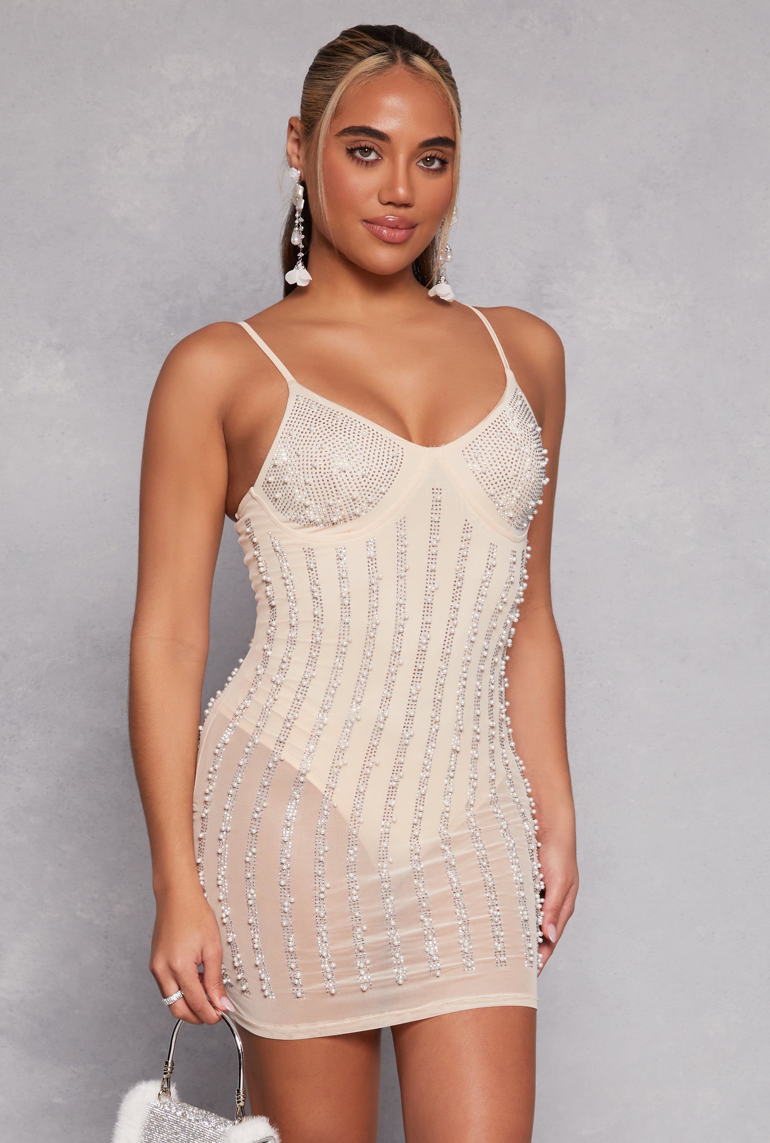 Rainbow Shops Mesh Rhinestone Faux Pearl Bustier Dress