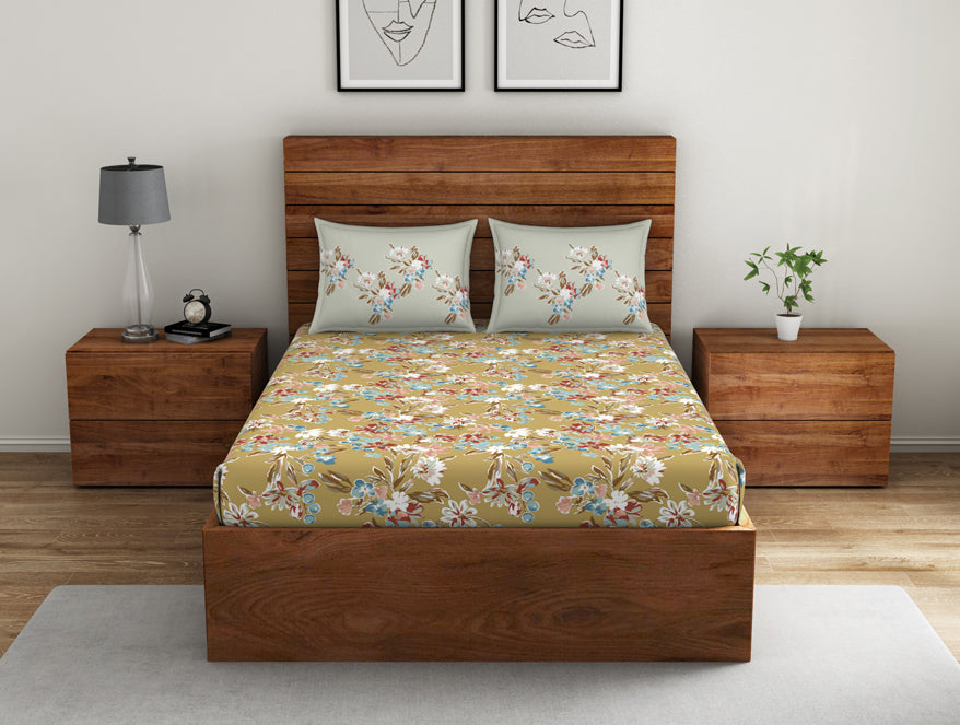 Spaces India Floral Rich Gold - Dark Yellow 100% Cotton Double Bedsheet - Boho Florals By Spaces