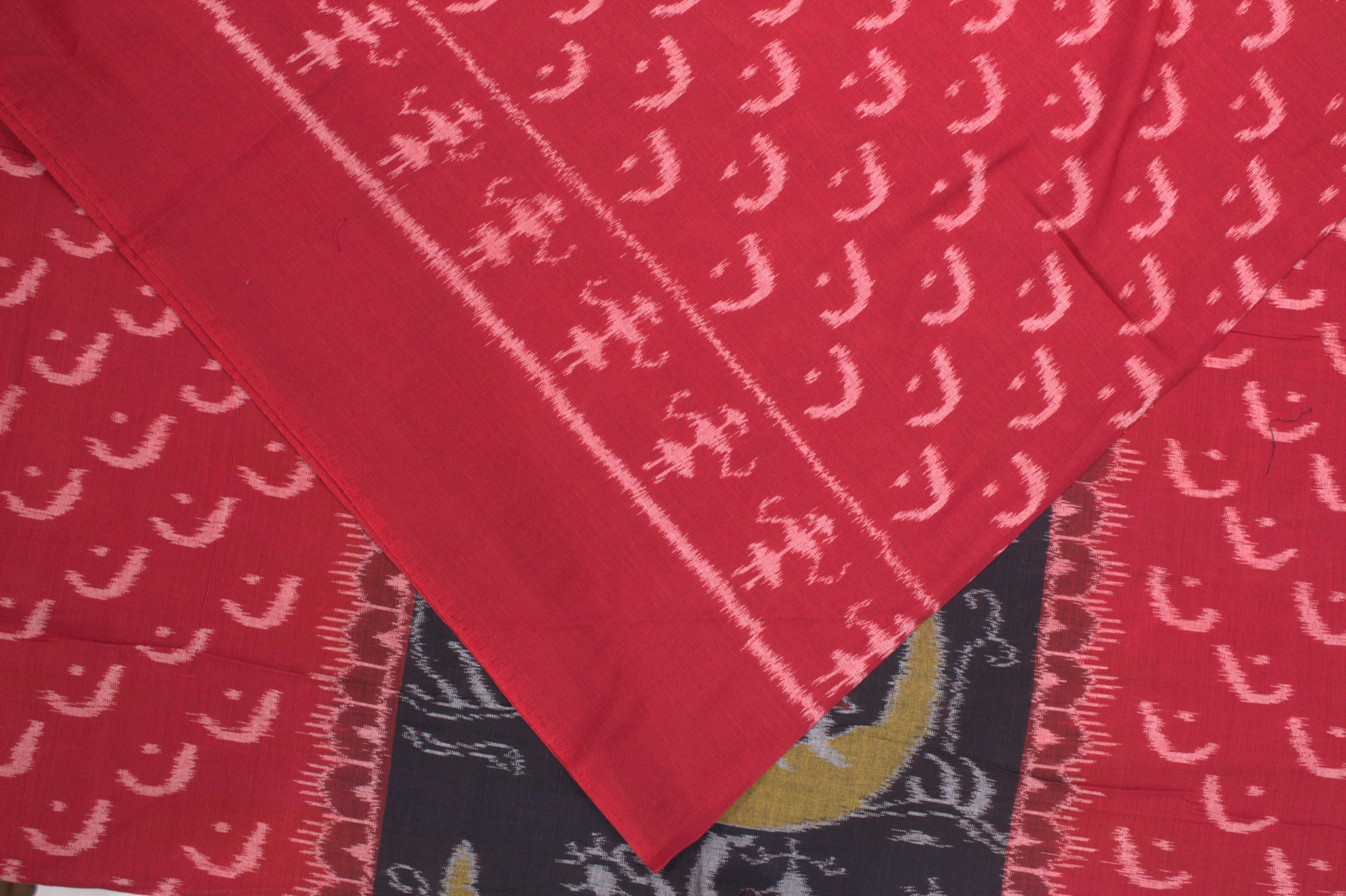 IndianVillèz Black Red Half Moon Tribal Theme Sambalpuri Ikat Cotton Fabric - view 2