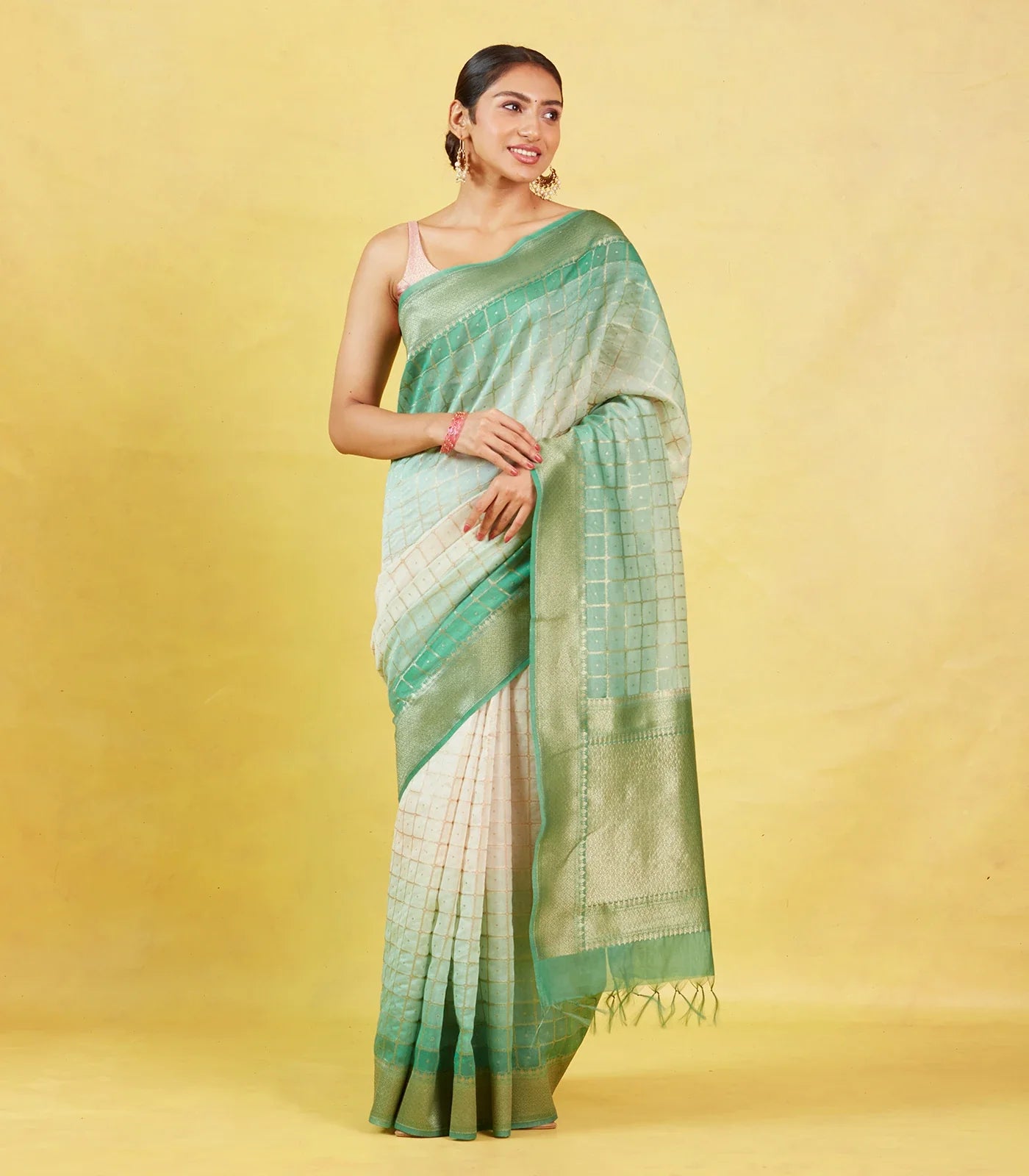 RmKV Off White Handloom Banarasi Silk Cotton Saree With Zari Checks - view 3