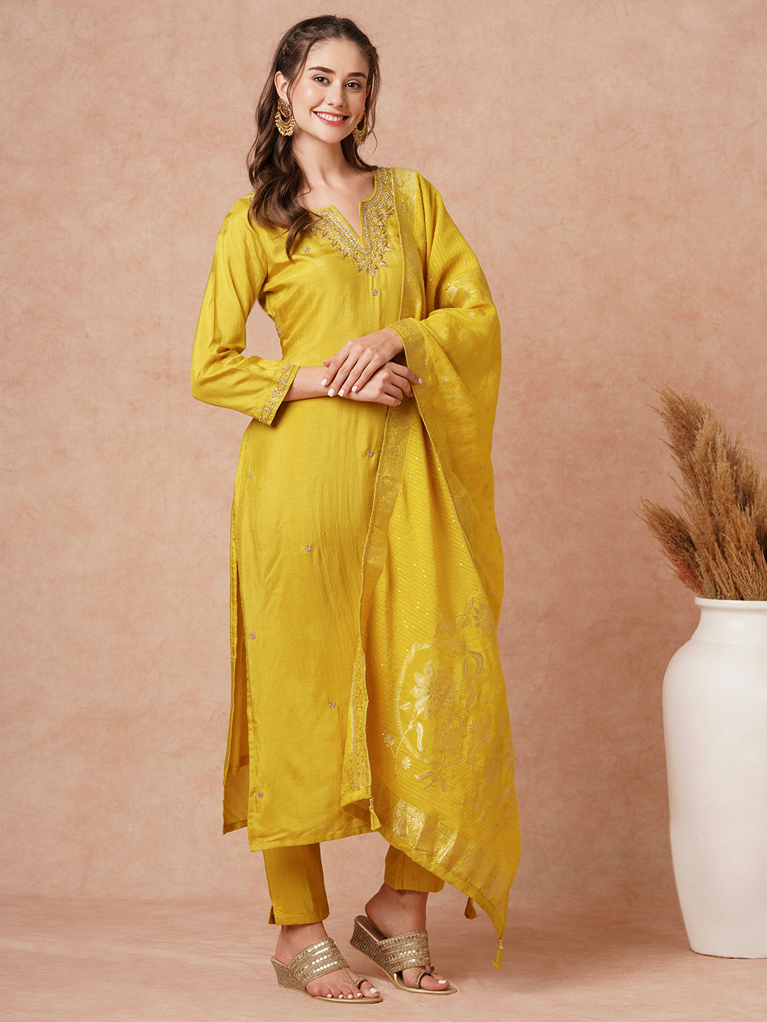 Fashor Solid Hand Embroidered Kurta with Pant & Woven Jacquard Dupatta - Mustard - view 5