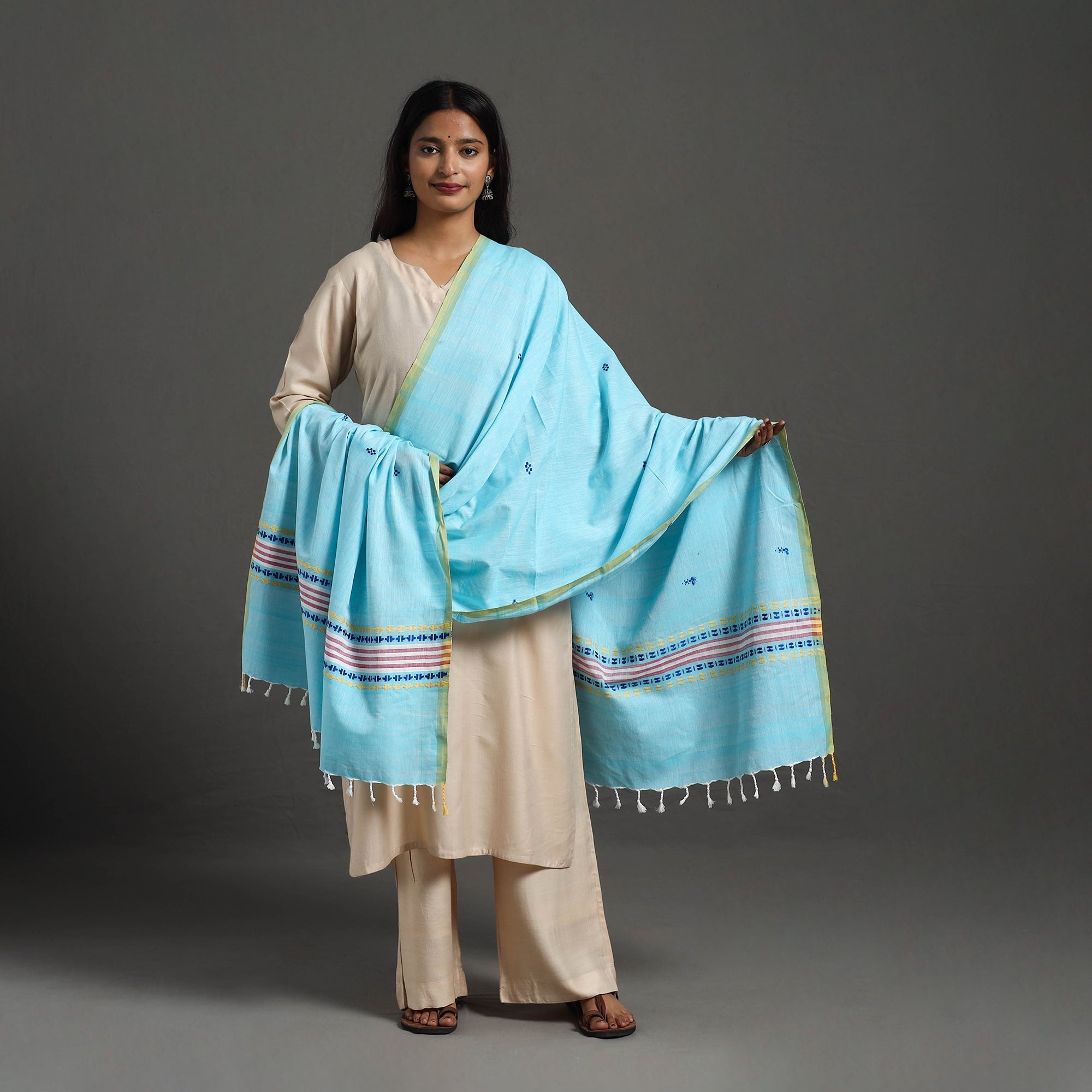 WEAVE INDIA BY SHEIKH MOIDUN NILUFAR Blue - Assam Weave Thread Buti Cotton Handloom Dupatta 01