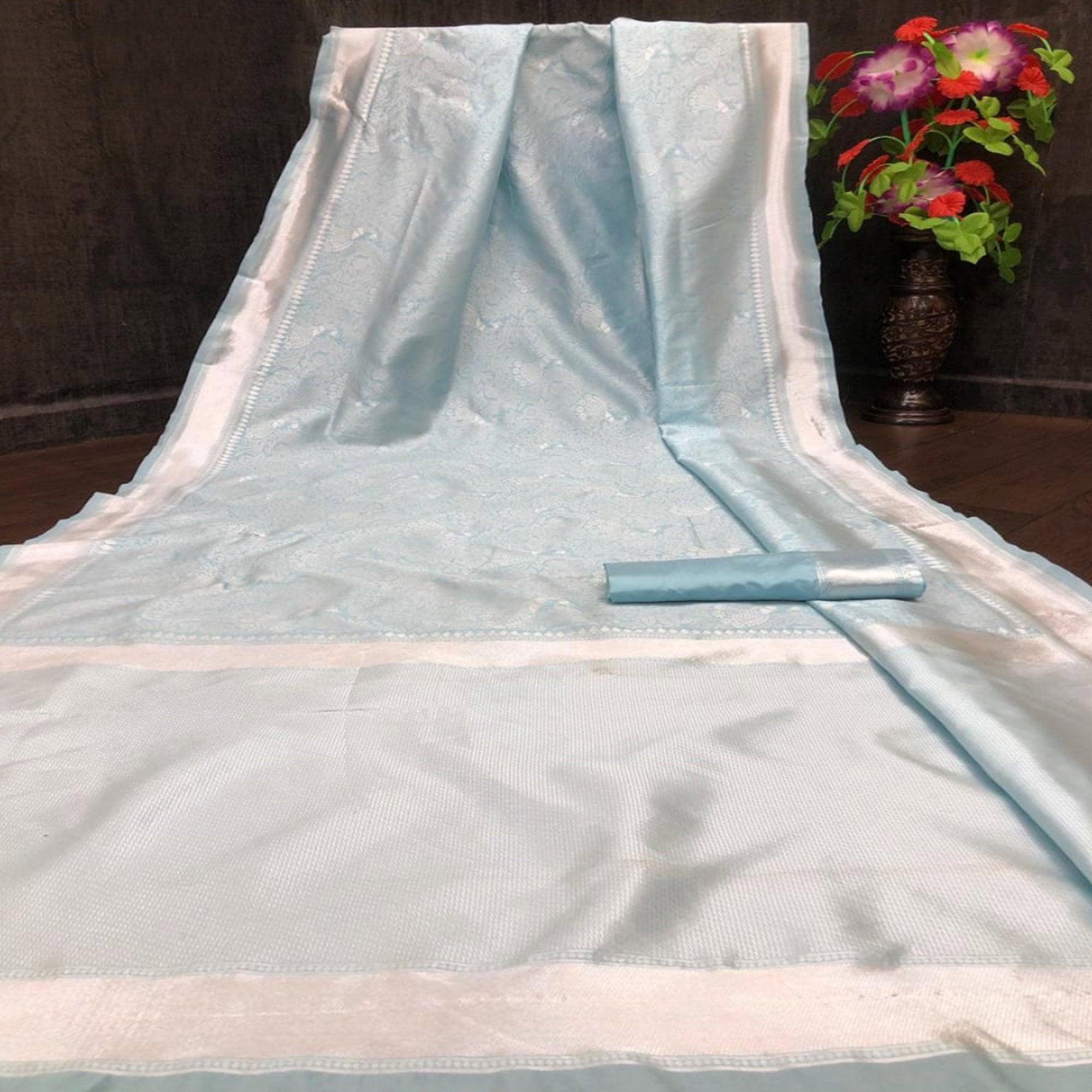 Peachmode Blue-Silver Festive Wear Woven Designer Border Soft Lichi Silk Saree