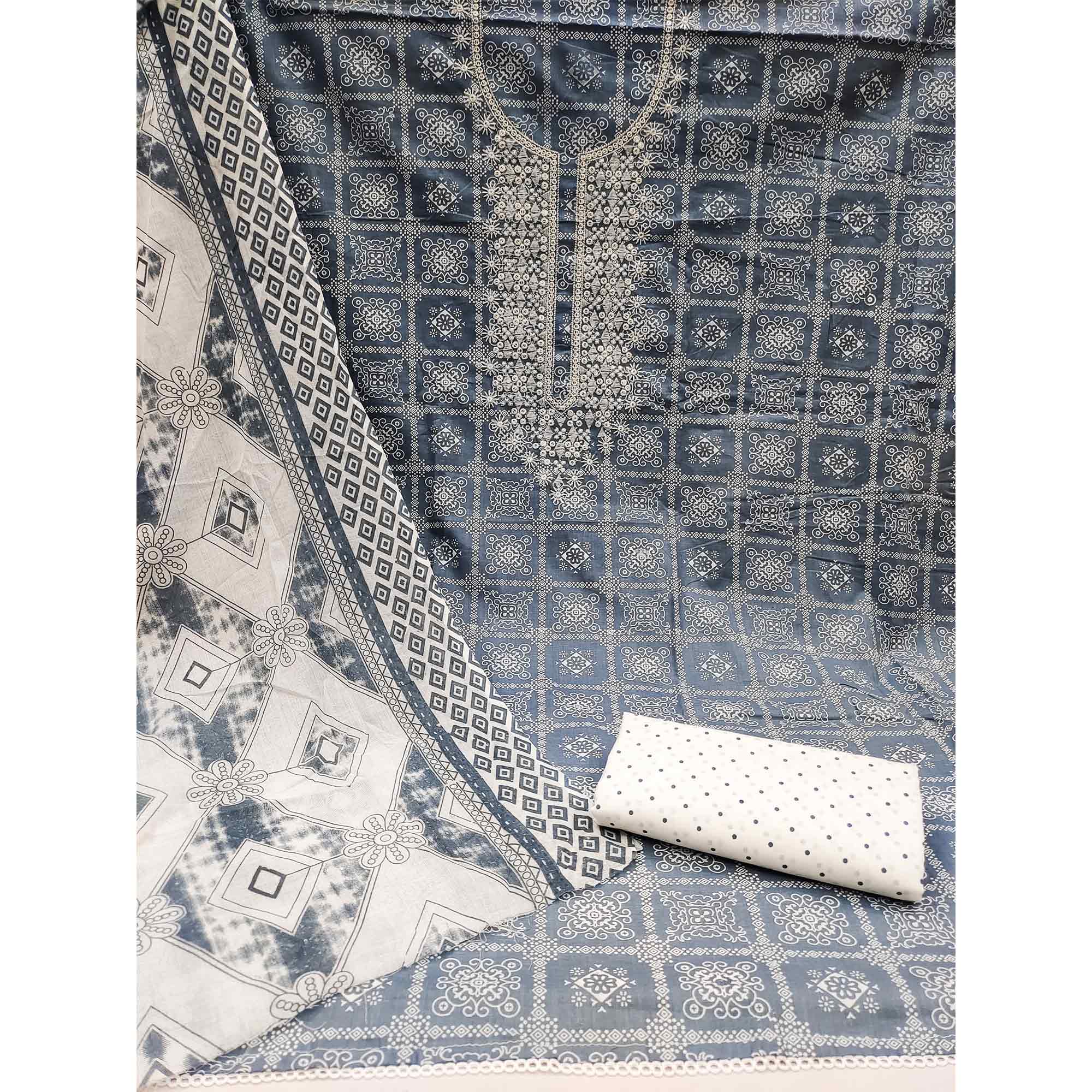 Peachmode Grey Printed With Embroidered Pure Cotton Dress Material - view 3