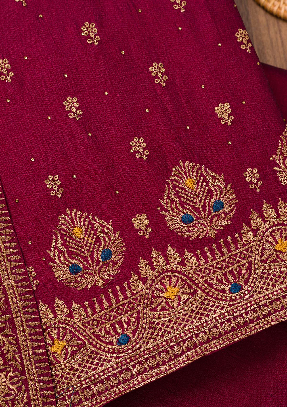 Koskii Maroon Zariwork Raw Silk Unstitched Salwar Suit - view 2