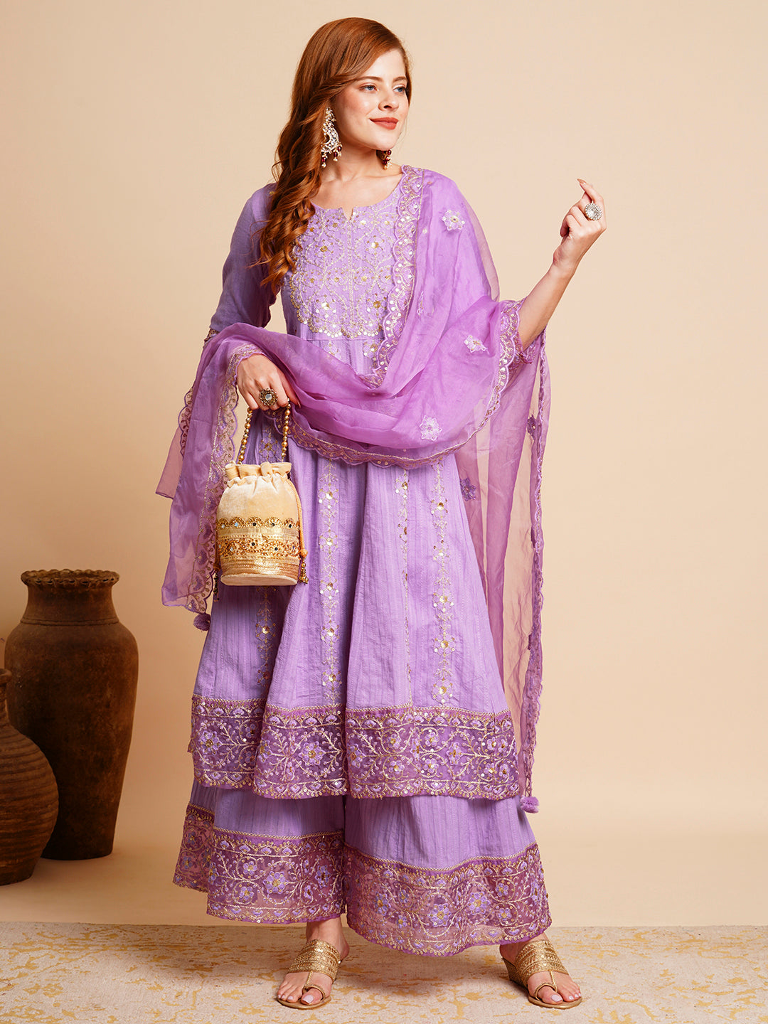 FASHOR Floral Embroidered Anarkali Kurta with Palazzo & Organza Dupatta - Purple