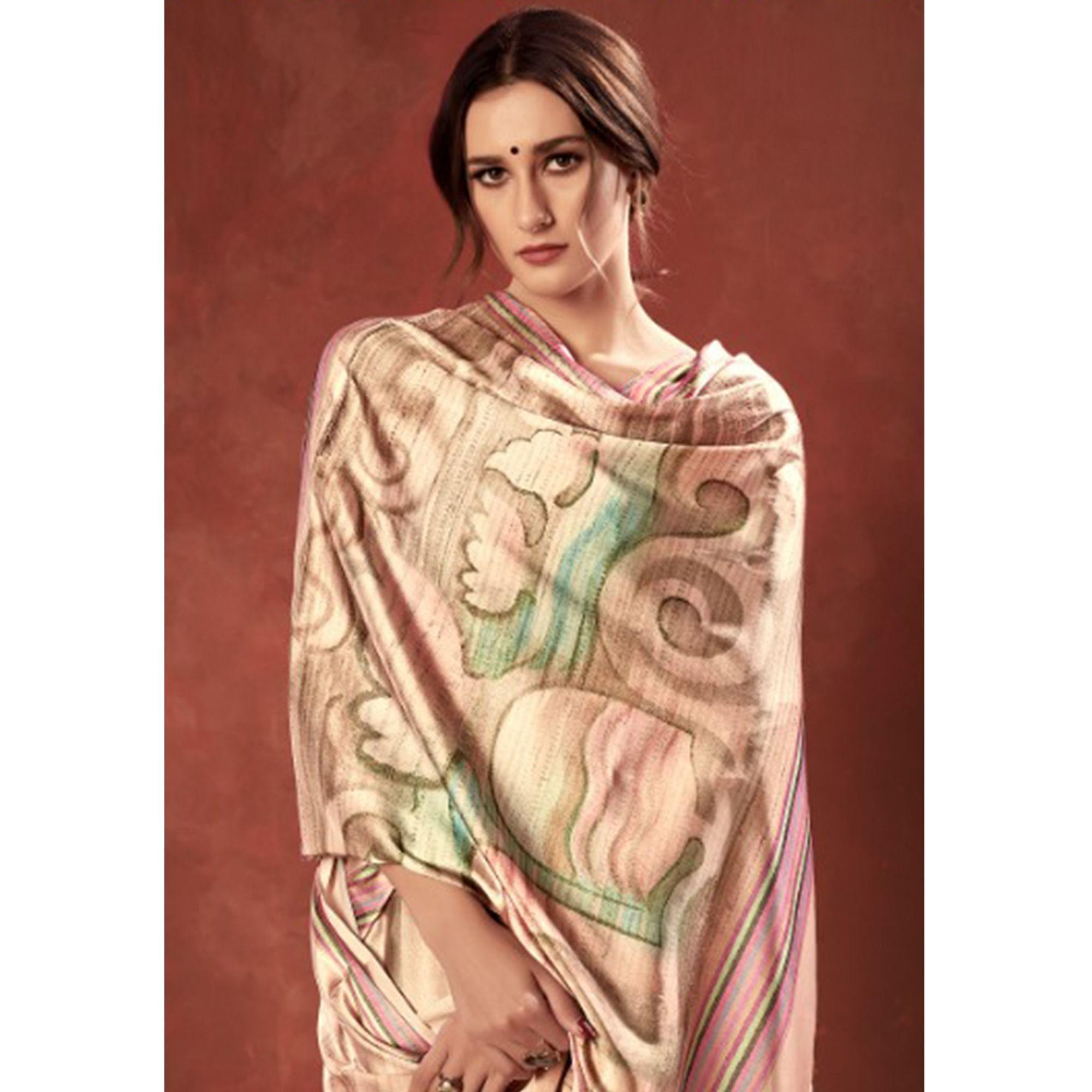 Peachmode Majesty Cream Colored Casual Wear Printed Satin Crepe Saree With Tassels - view 2