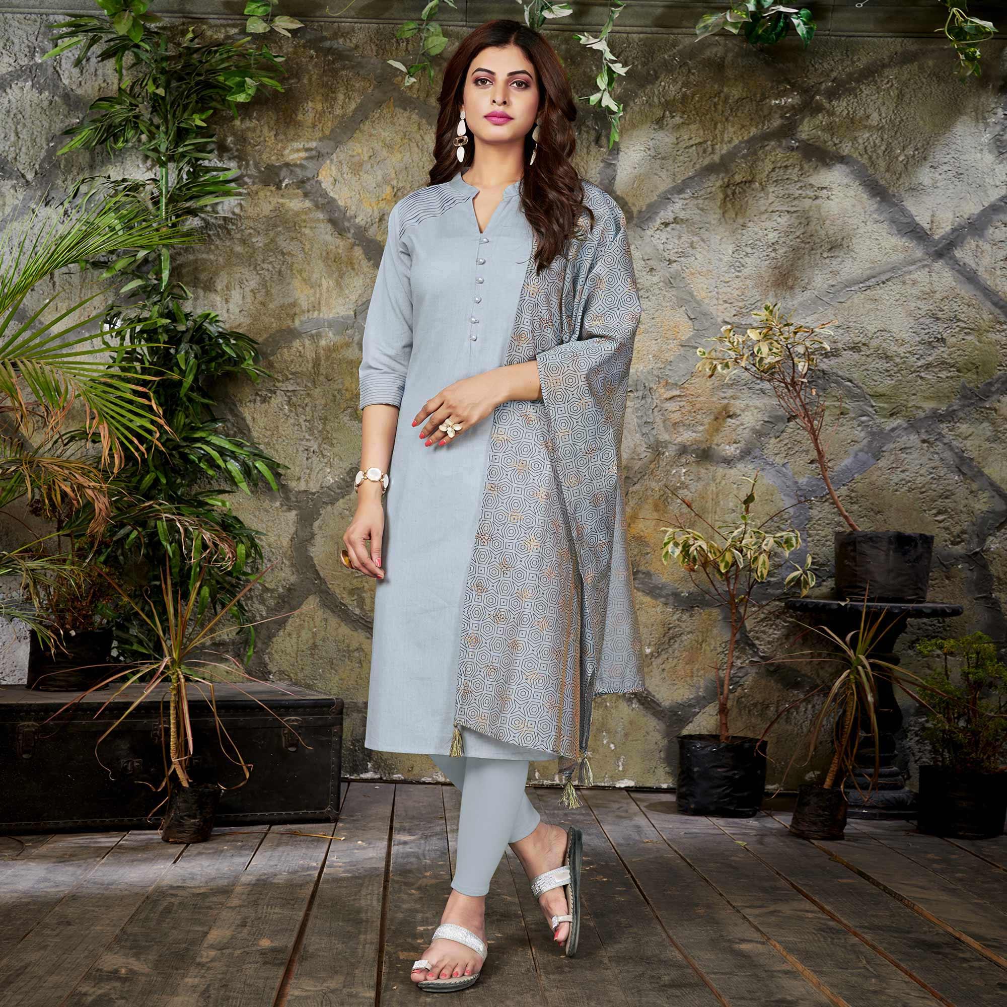 Peachmode Intricate White Colored Casual Wear Cotton Kurti With Dupatta - view 3