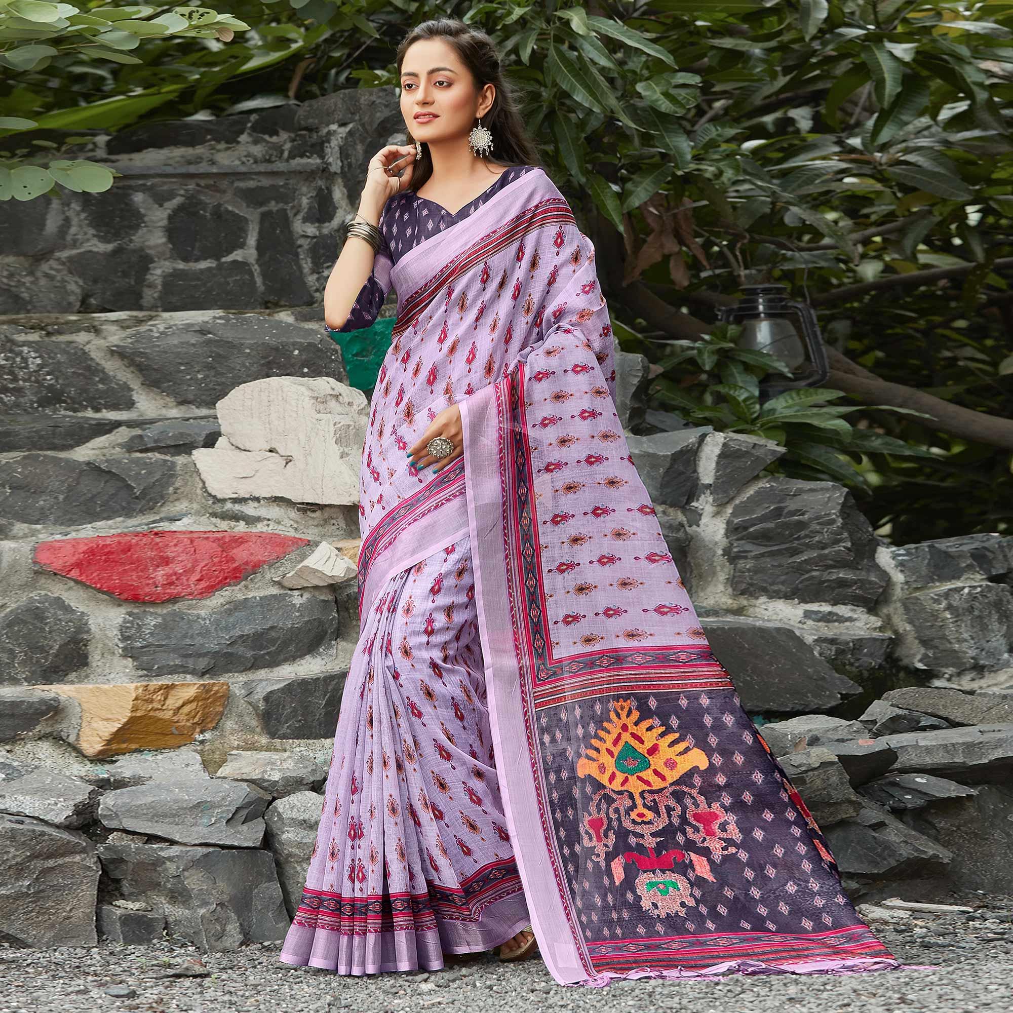 Peachmode Lavender Casual Wear Digital Printed Pure Linen Saree