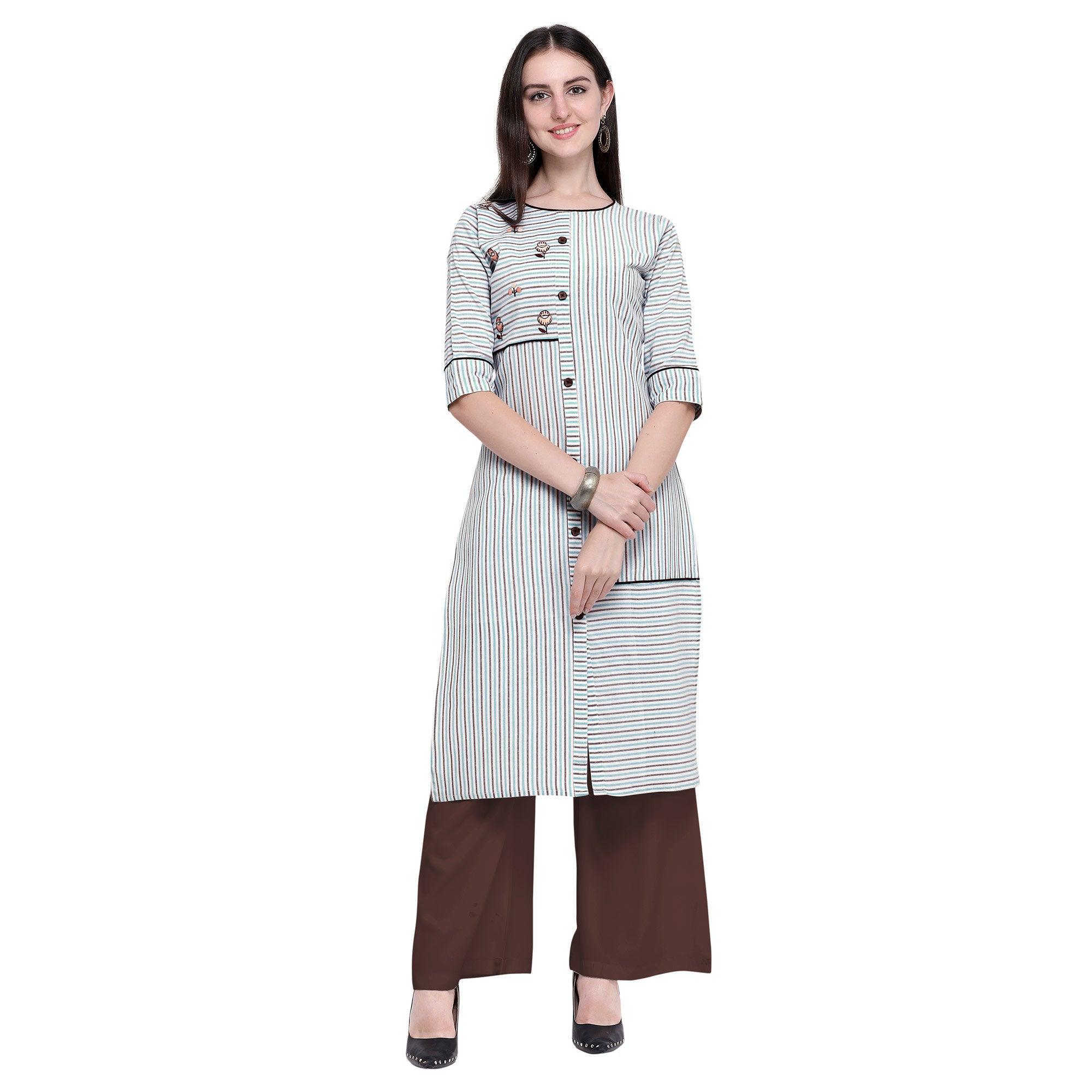 Peachmode Seller Intricate White Colored Casual Wear Embroidered Cotton Kurti-Palazzo Set