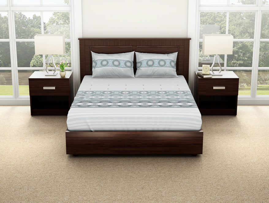 Spaces India Geometric Barely Blue - Light Grey 100% Cotton Double Bedsheet - Evoke By Spaces-1065740