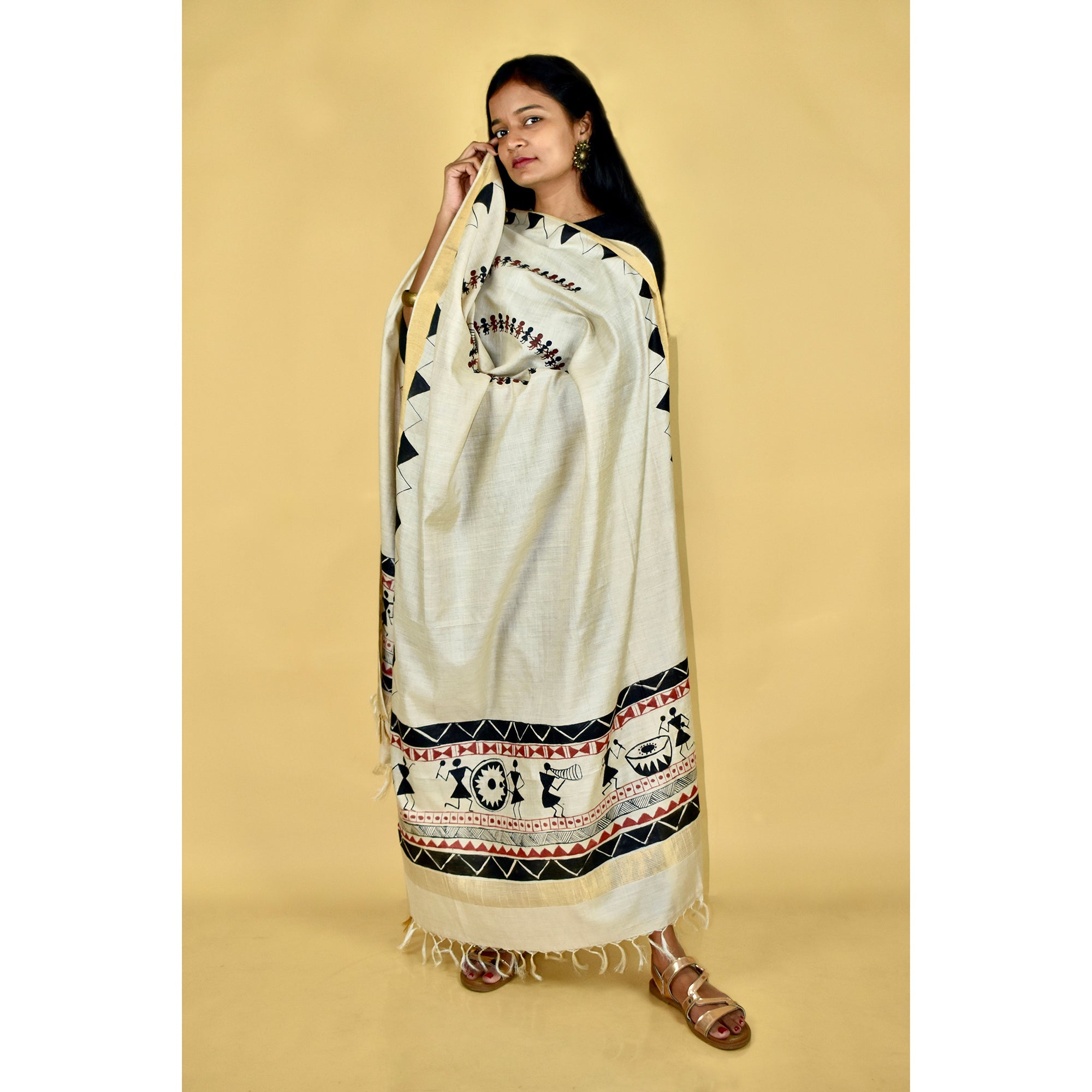 DIORAMA DESIGNS Beige - Warli Hand-painted Tussar Silk Dupatta - view 2