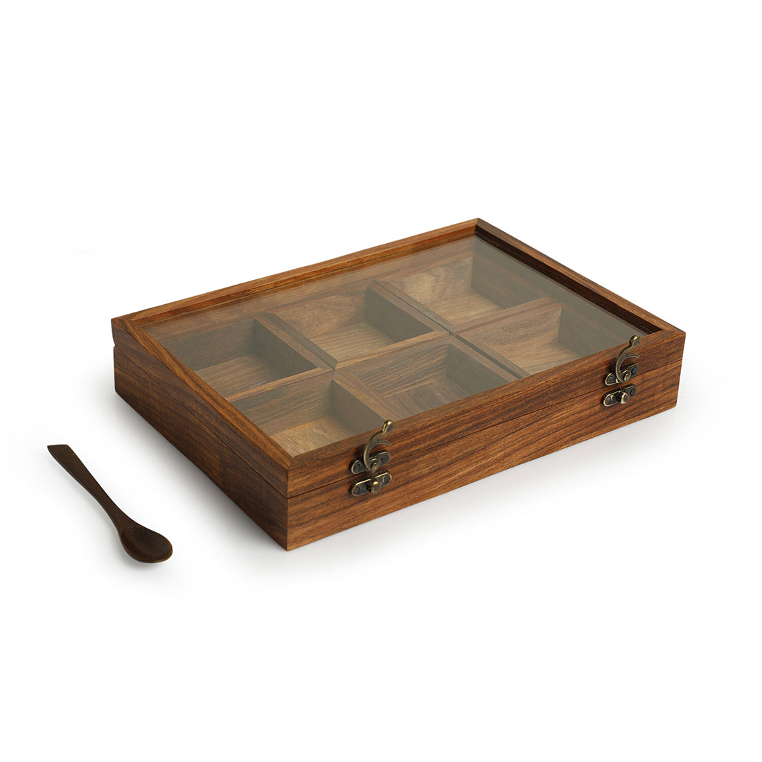 EXCLUSIVELANE 'Masala Blends' Handcrafted Spice Box With Spoon In Sheesham Wood (6 Large Containers, 120 ml) - view 2