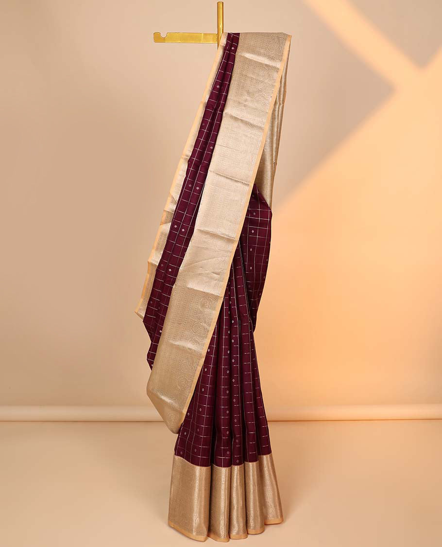 Pothys Maroon buttas & checked silk saree, contrast intricate pallu & border steeped with traditional zari motifs