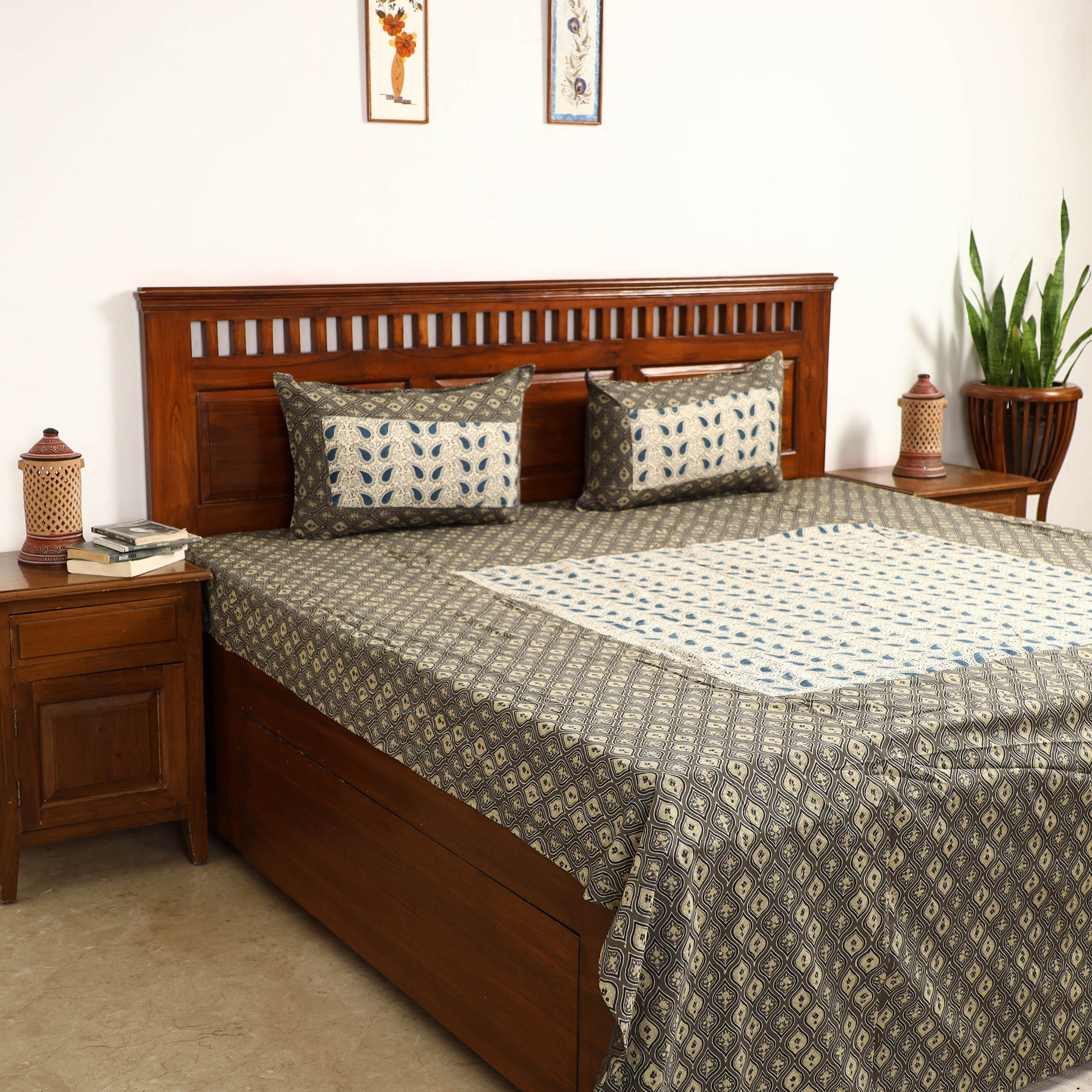 NOORI BAZAR Brown - Ajrakh Block Printed Patchwork Cotton Double Bed Cover with Pillow Covers (108 x 90 In)