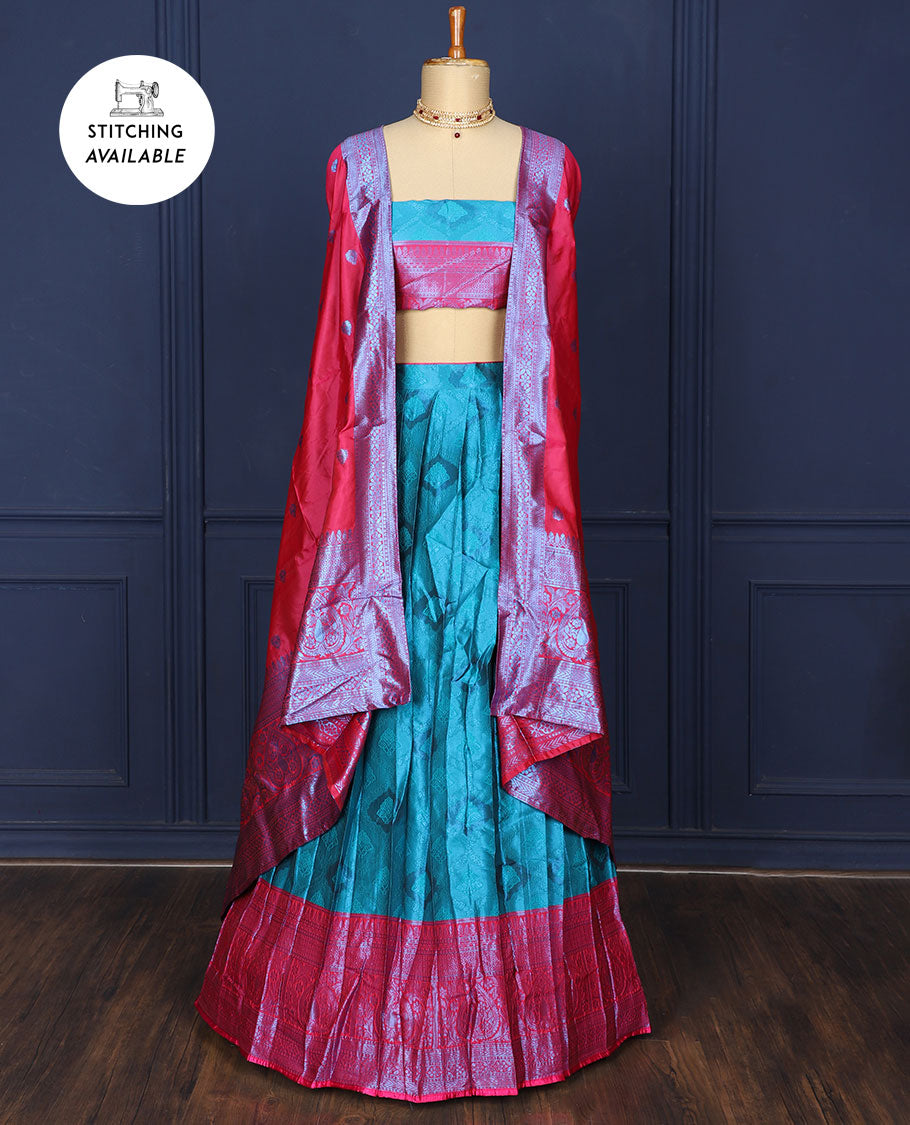 Pothys Blue jacquard art-silk half saree, contrast traditional zari border, jacquard blouse & intricate design dhavani - view 2