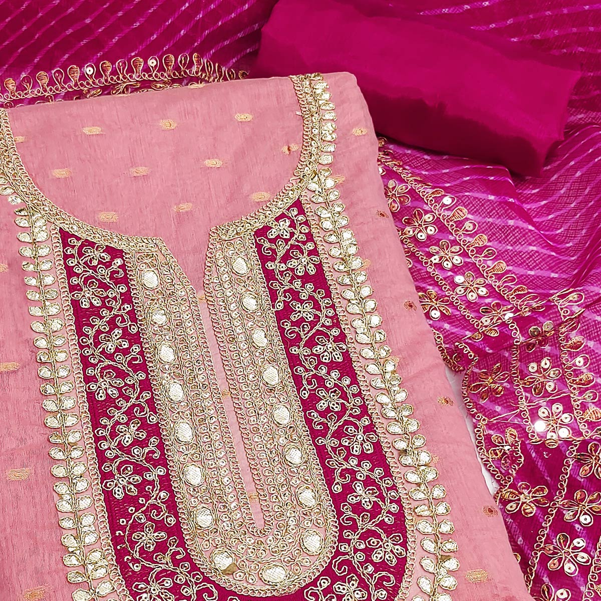 Peachmode Pink Woven With Sequins Embroidered Modal Chanderi Silk Dress Material - view 2
