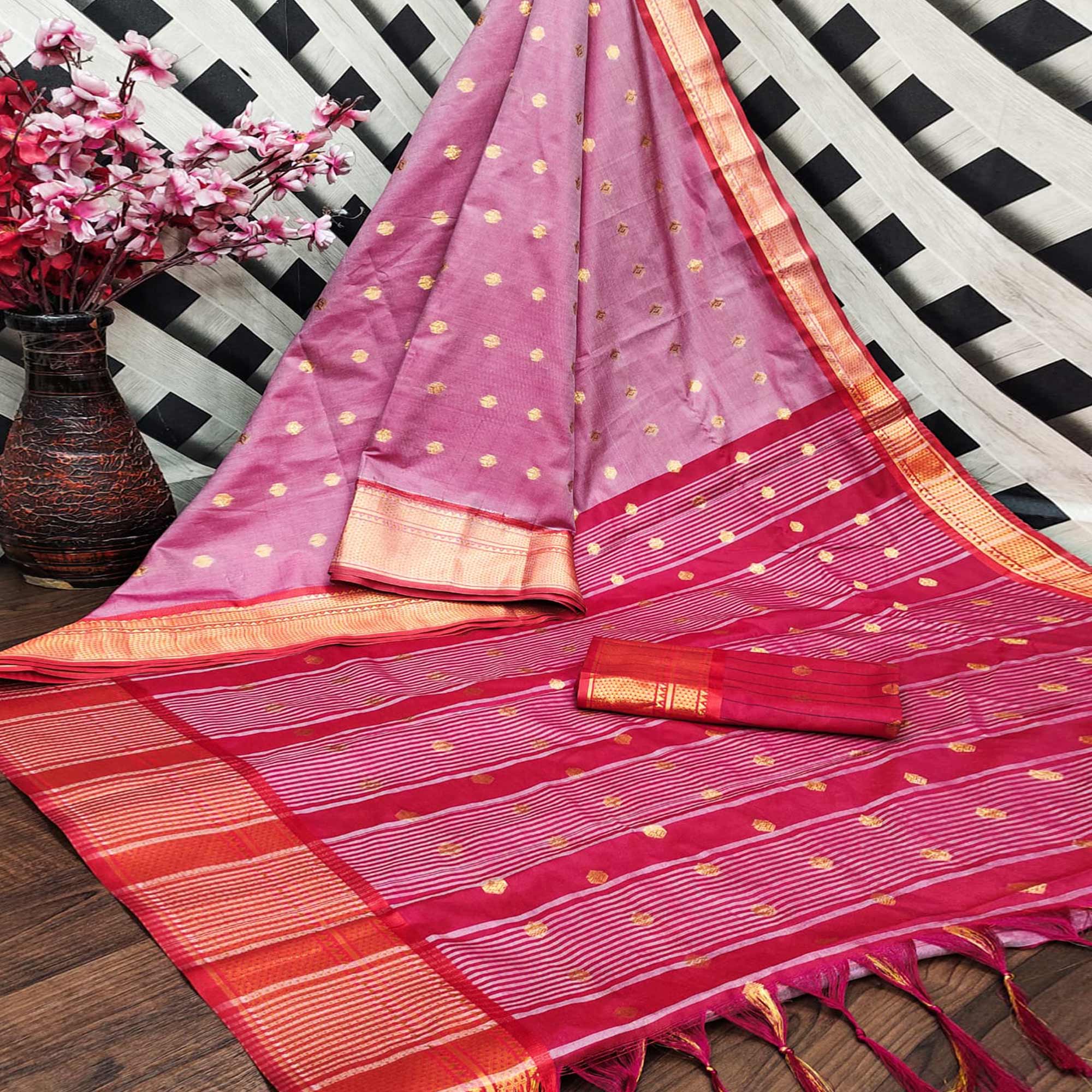 Peachmode Pink Zari Woven Lichi Art Silk Saree With Tassels