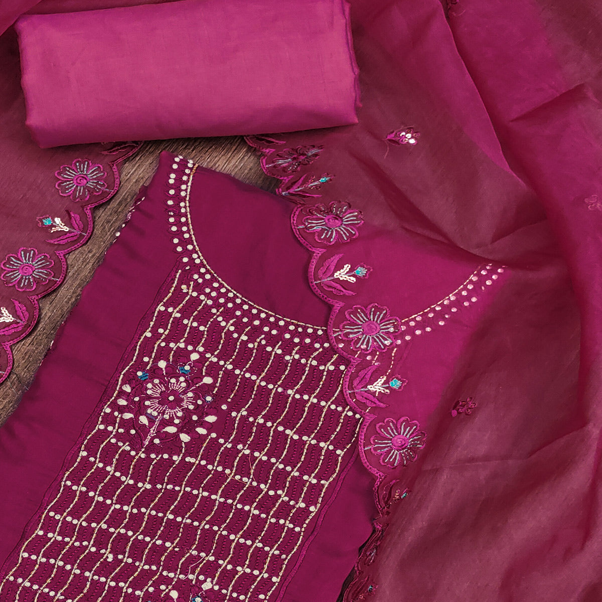 Peachmode Magenta Floral Embroidery With Handwork Roman Cotton Silk Material Material - view 2
