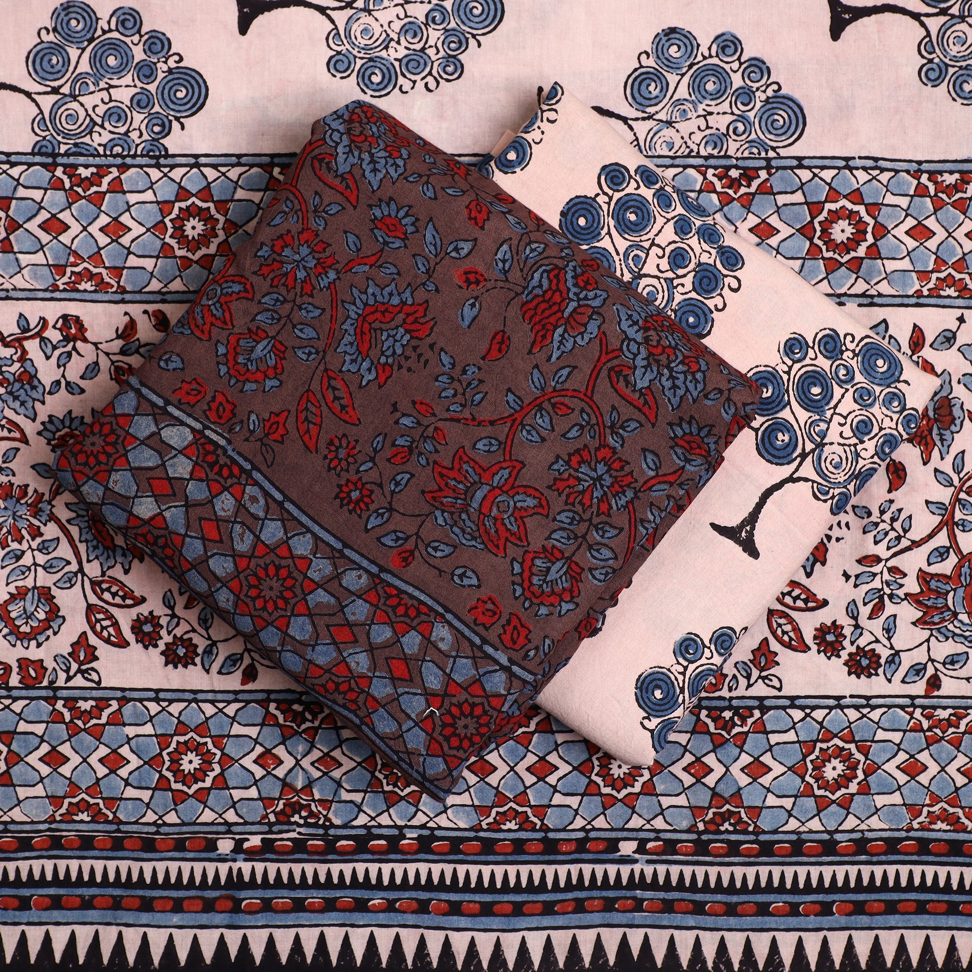 AJRAKH BY JABBAR KHATRI Brown - 3pc Ajrakh Block Printed Natural Dyed Cotton Suit Material Set 23 - view 2